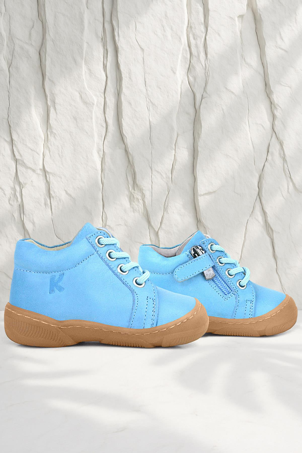 Anatomik Yumuşak Hakiki Deri Fermuarlı Mavi Bebek Bot Ayakkabı