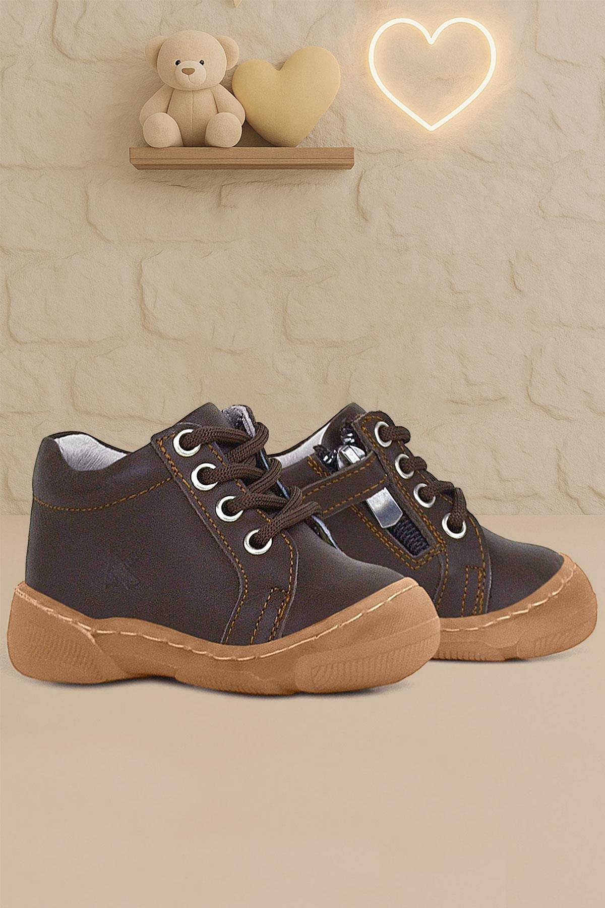 Anatomik Yumuşak Hakiki Deri Fermuarlı Kahve Bebek Bot Ayakkabı