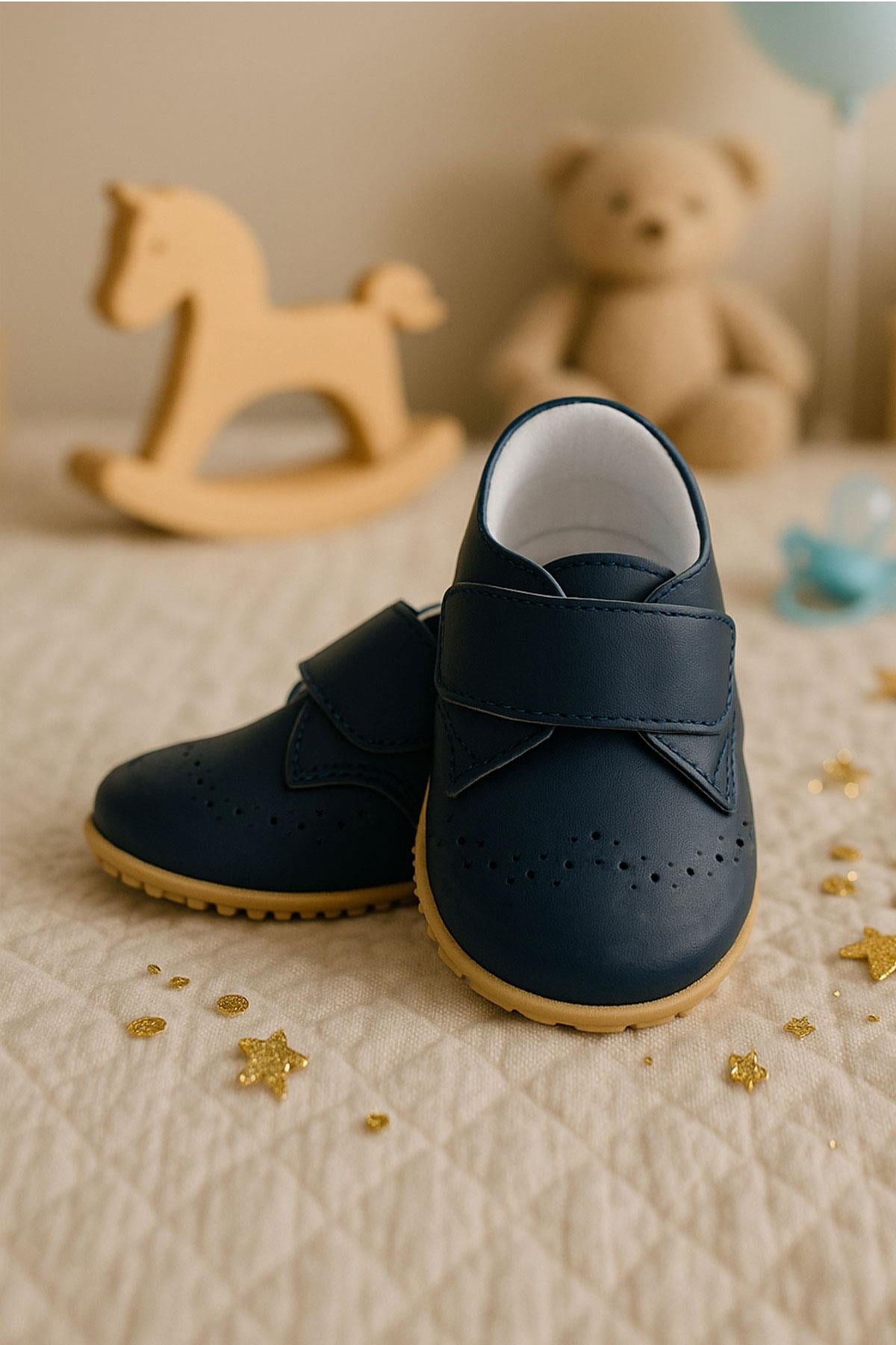 Genuine Leather Navy Blue Banded Babies Shoes