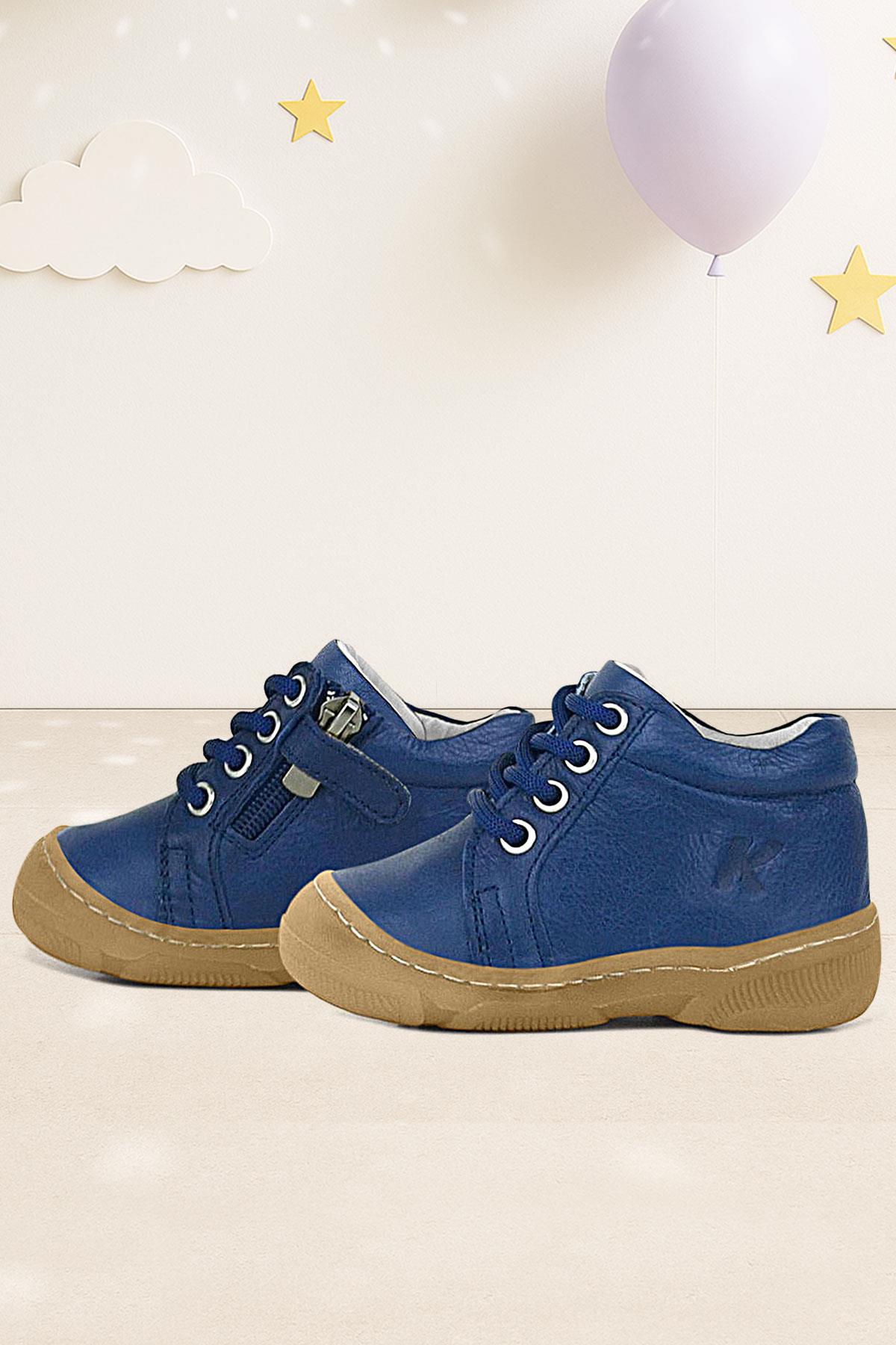 Soft Genuine Leather Zippered Navy Blue Baby Boots