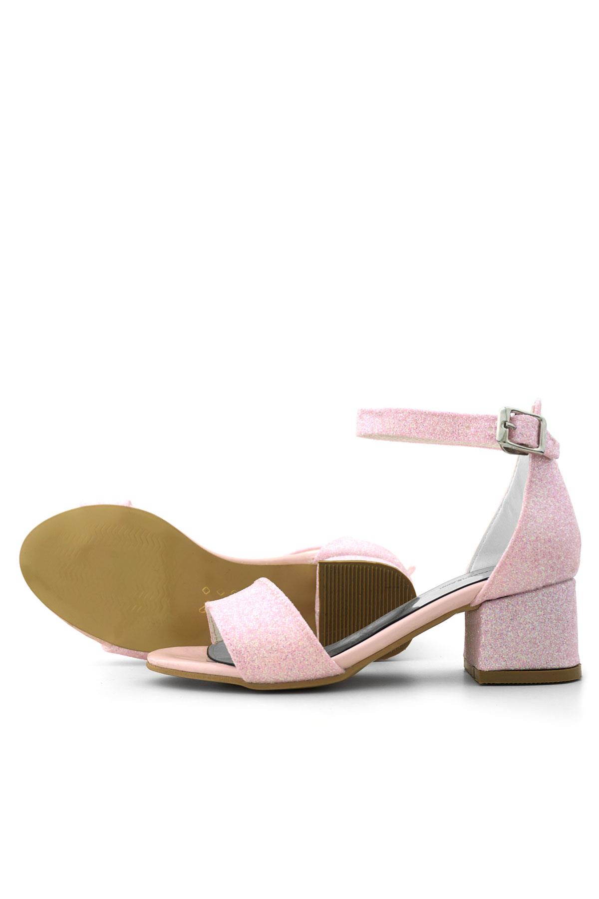 Lilo Simli Pembe Tek Bantlı Kız Çocuk Topuklu Abiye Ayakkabı