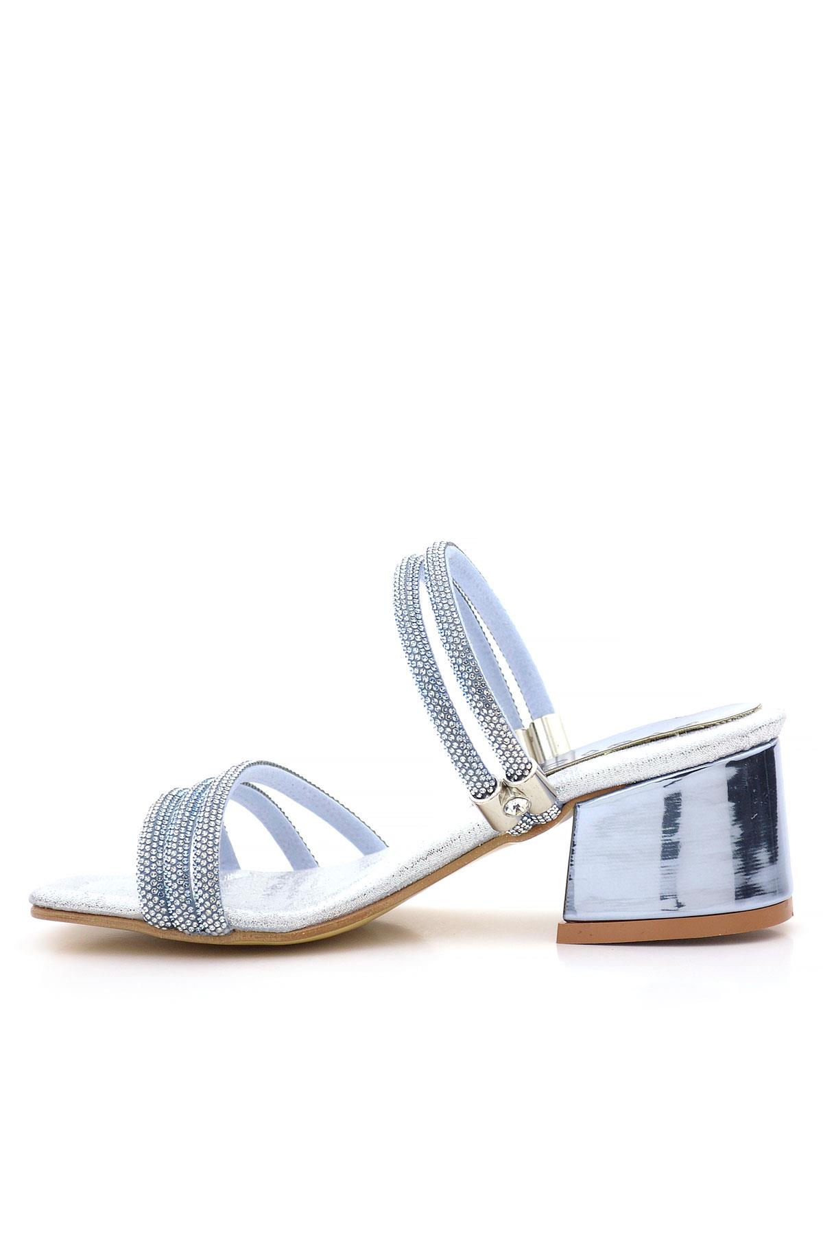 Judy Mavi Gümüş Taşlı Kız Çocuk Topuklu Terlik Ayakkabı