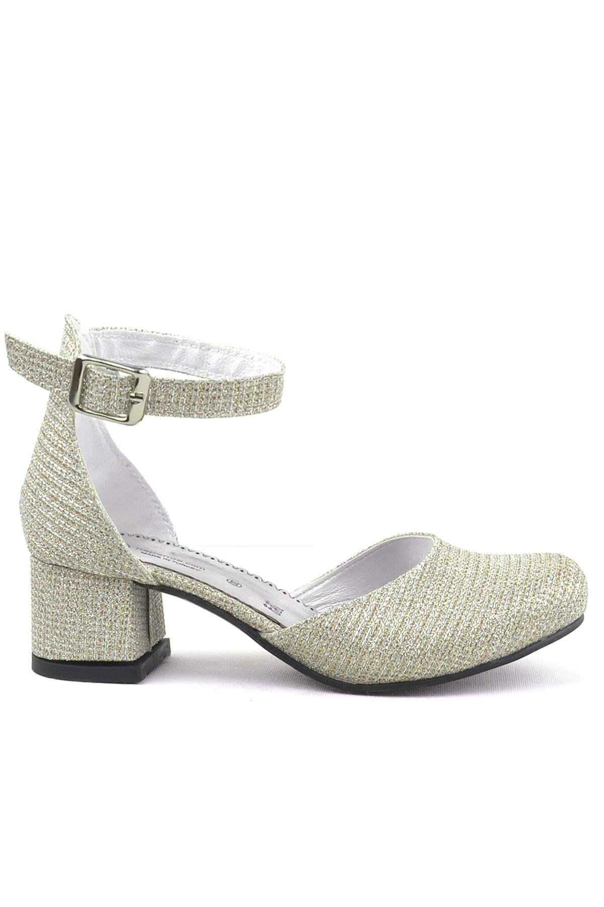 Merida Gold Silvery Thick Heels Girls Heeled Shoes