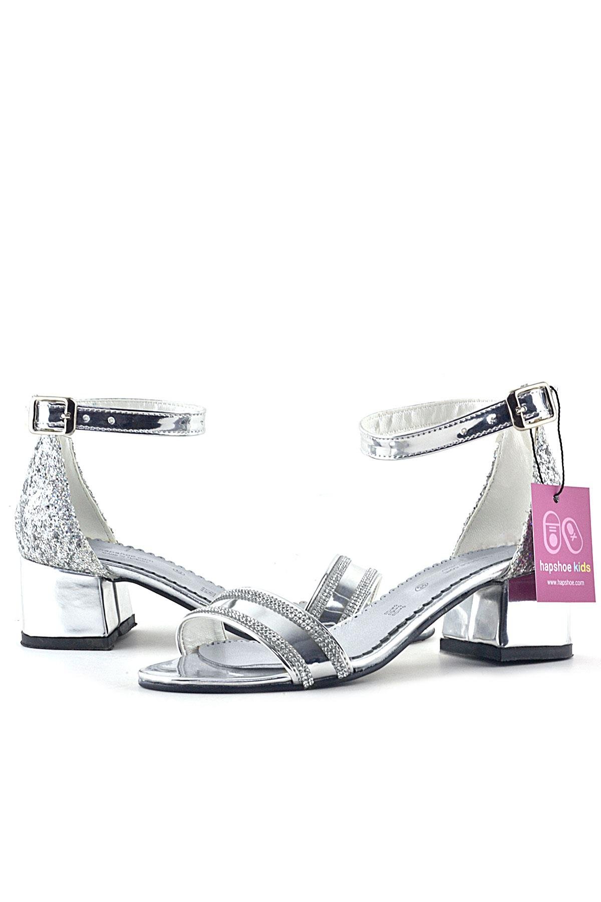 Elsa Gümüş Aynalı Simli Kalın Topuklu Parlak Taşlı Kız Çocuk Abiye Ayakkabı