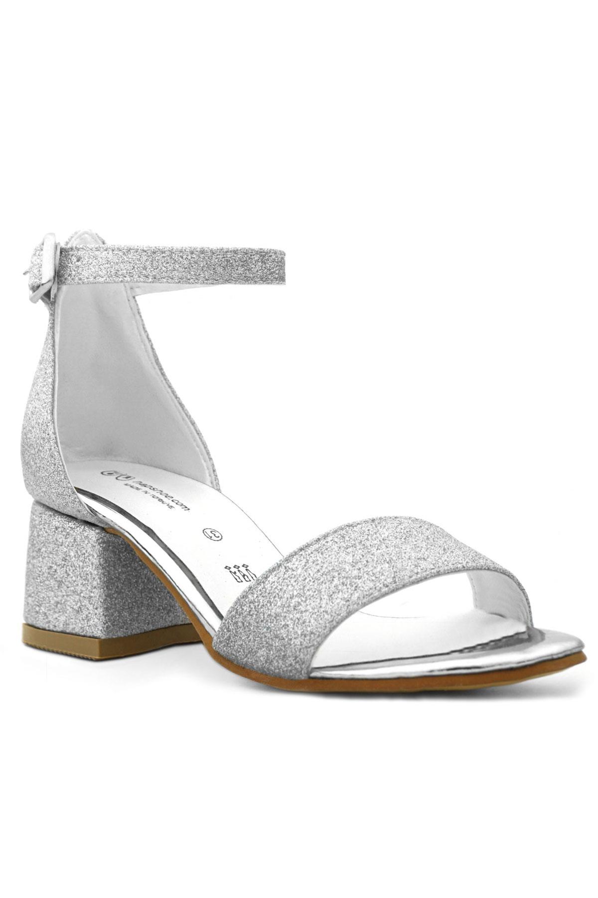 Lilo Simli Gümüş Tek Bantlı Kız Çocuk Topuklu Abiye Ayakkabı