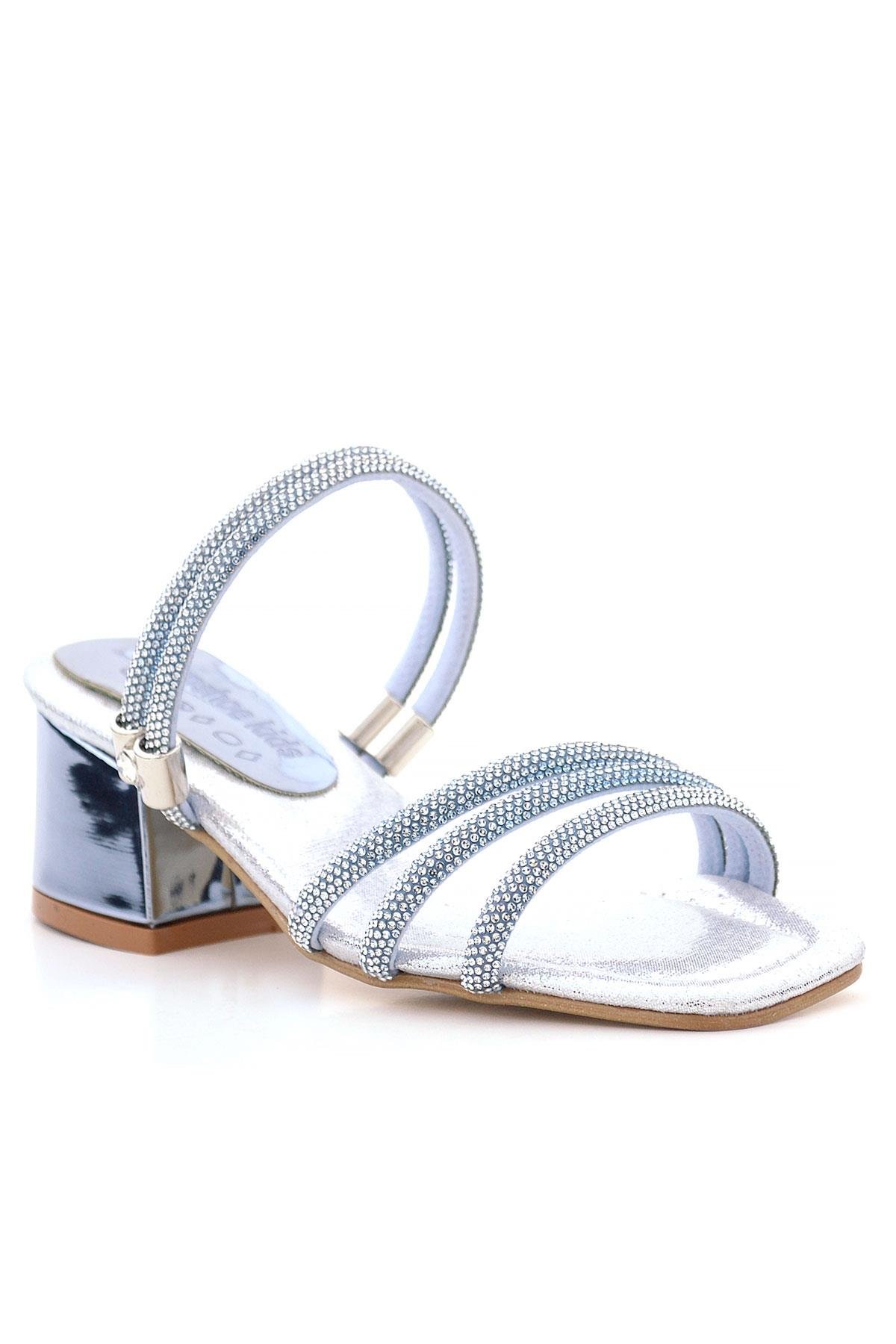 Judy Mavi Gümüş Taşlı Kız Çocuk Topuklu Terlik Ayakkabı