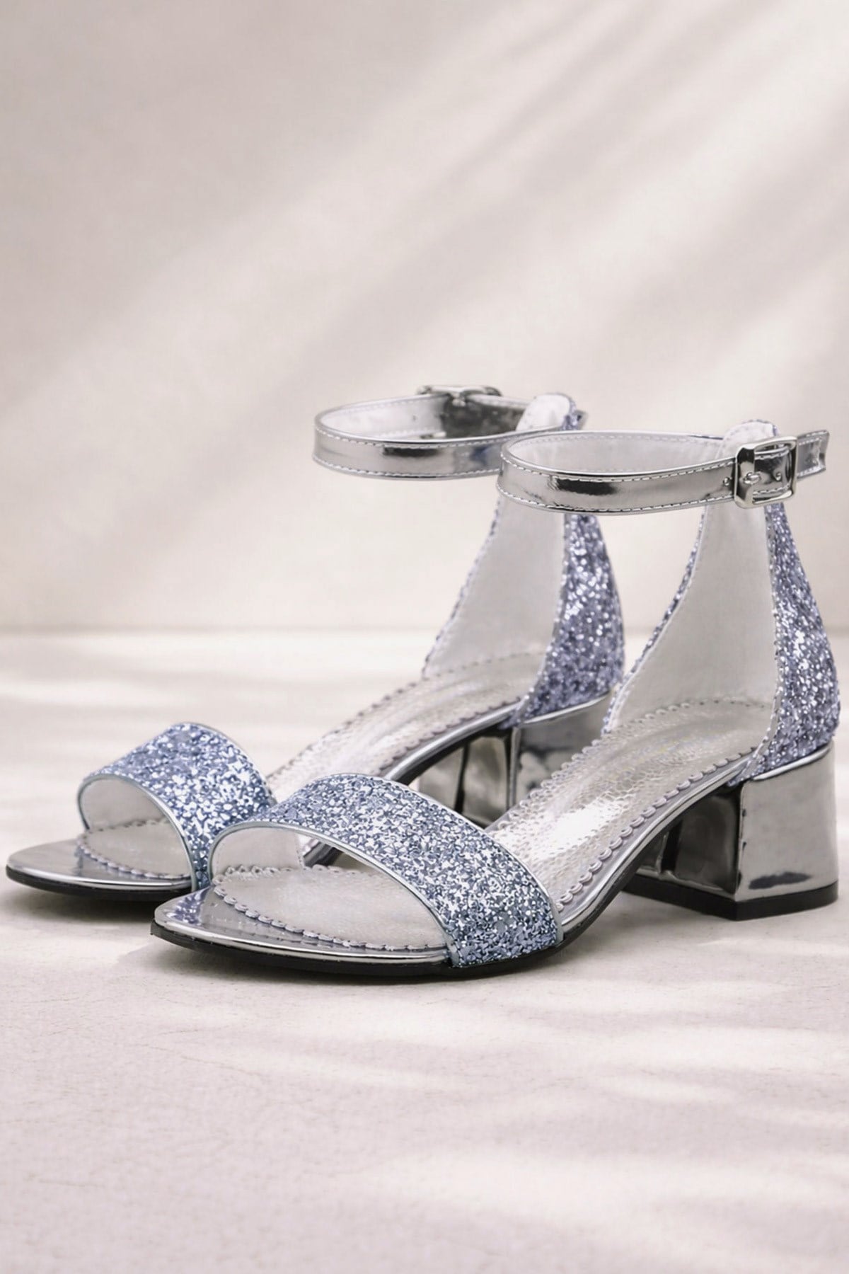 Platinum Sparkle Girls Thick Heels Evening Shoes