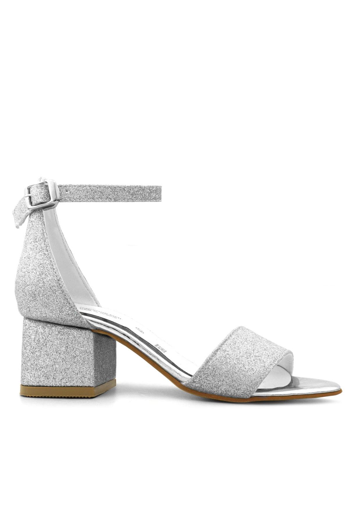 Lilo Simli Gümüş Tek Bantlı Kız Çocuk Topuklu Abiye Ayakkabı