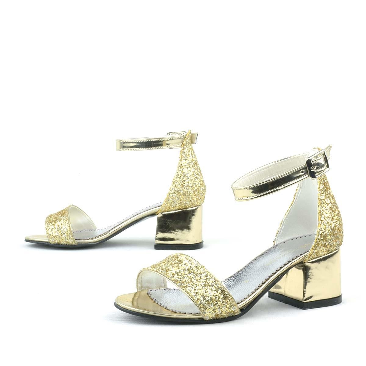 Elsa Altın Simli Kalın Topuklu Kız Çocuk Abiye Ayakkabı