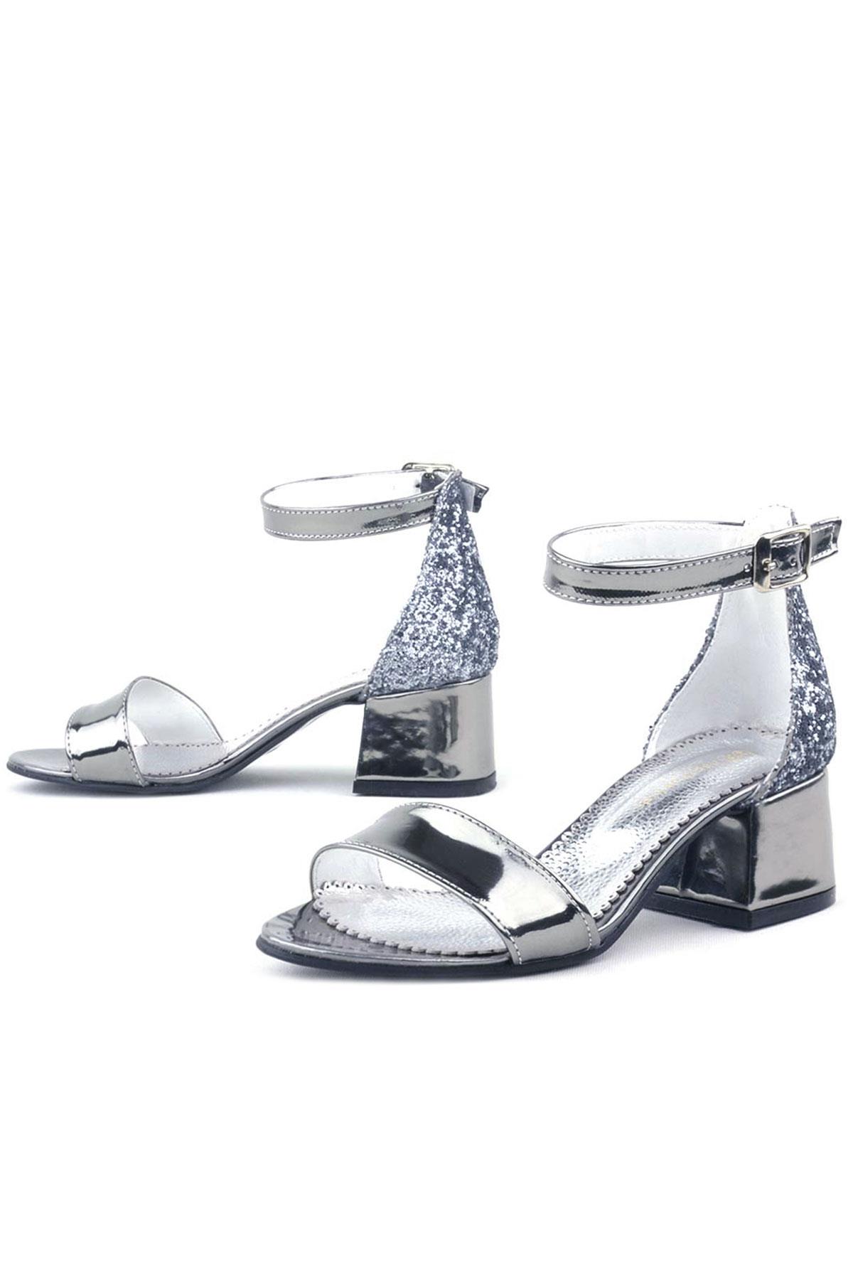 Elsa Platin Aynalı Kalın Topuklu Kız Çocuk Abiye Ayakkabı