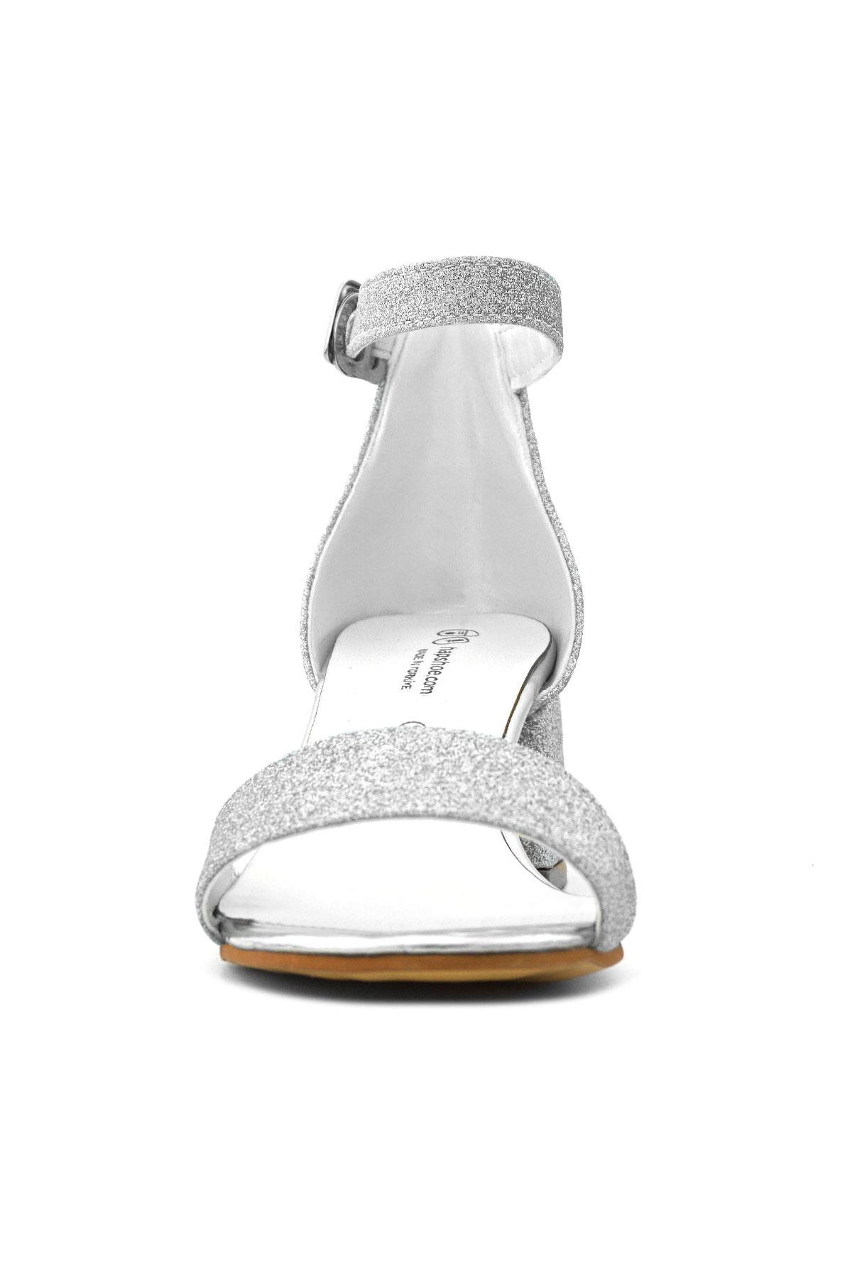 Lilo Simli Gümüş Tek Bantlı Kız Çocuk Topuklu Abiye Ayakkabı