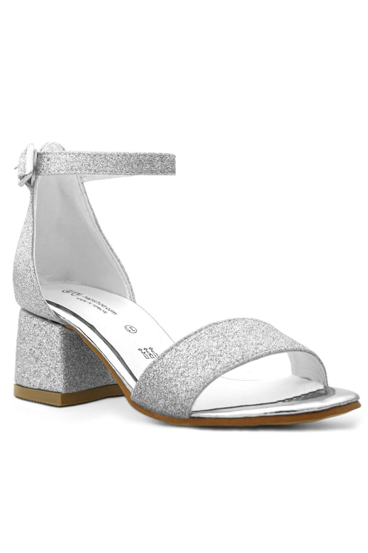 Lilo Simli Gümüş Tek Bantlı Kız Çocuk Topuklu Abiye Ayakkabı