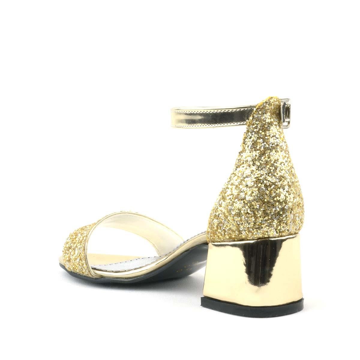 Elsa Altın Simli Kalın Topuklu Kız Çocuk Abiye Ayakkabı