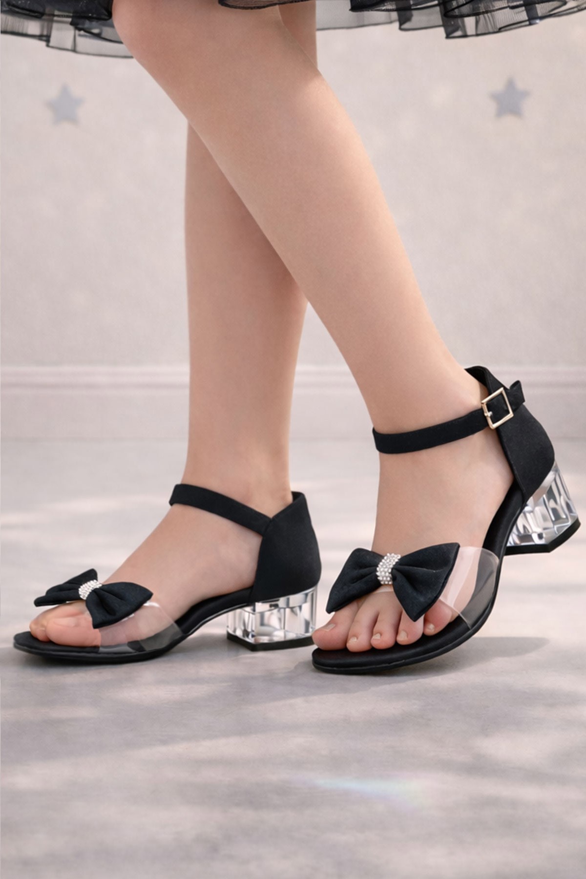 Jessie Black Satin Ribbon Girls' Heeled Shoes
