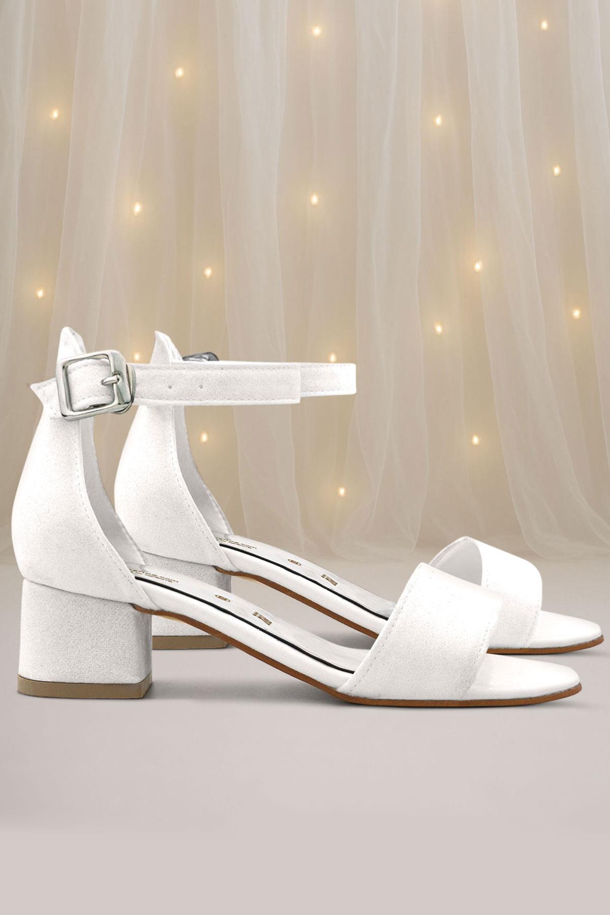 Lilo Simli Beyaz Tek Bantlı Kız Çocuk Topuklu Abiye Ayakkabı