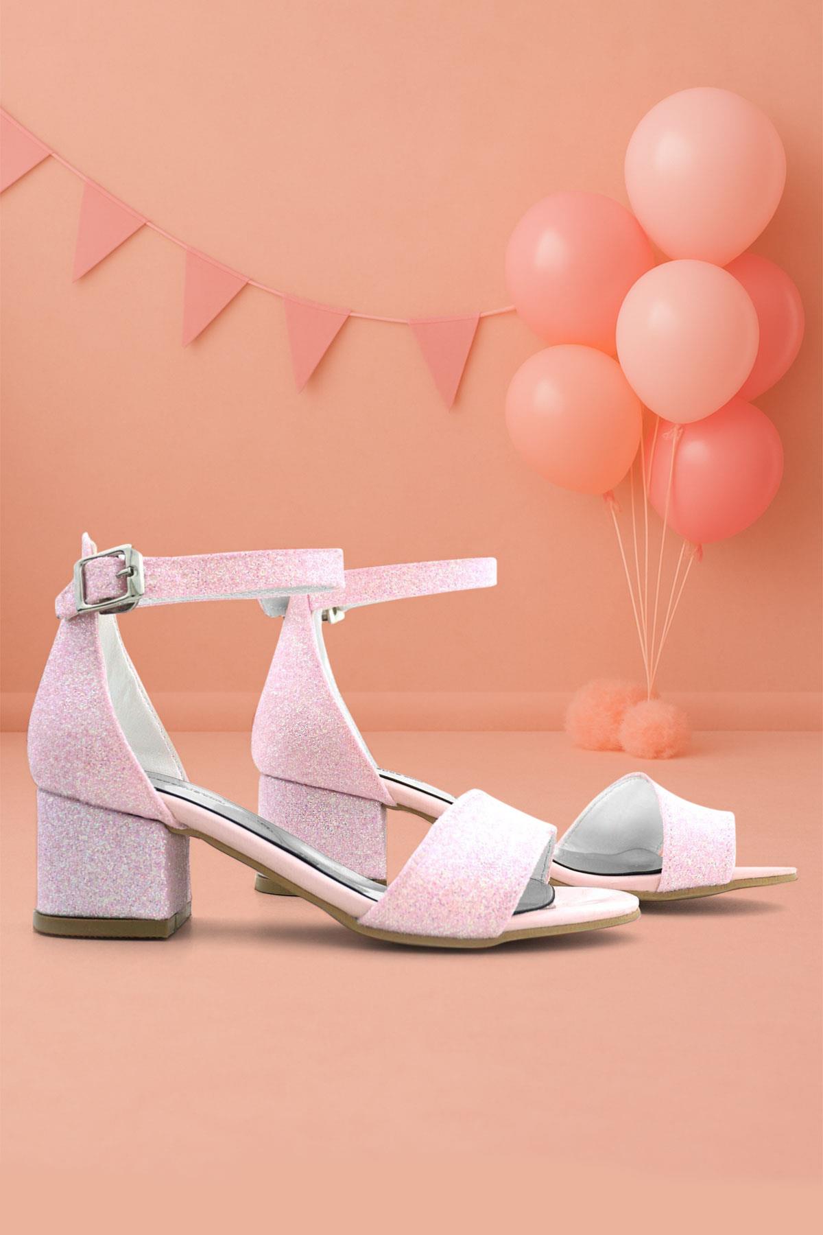 Lilo Simli Pembe Tek Bantlı Kız Çocuk Topuklu Abiye Ayakkabı