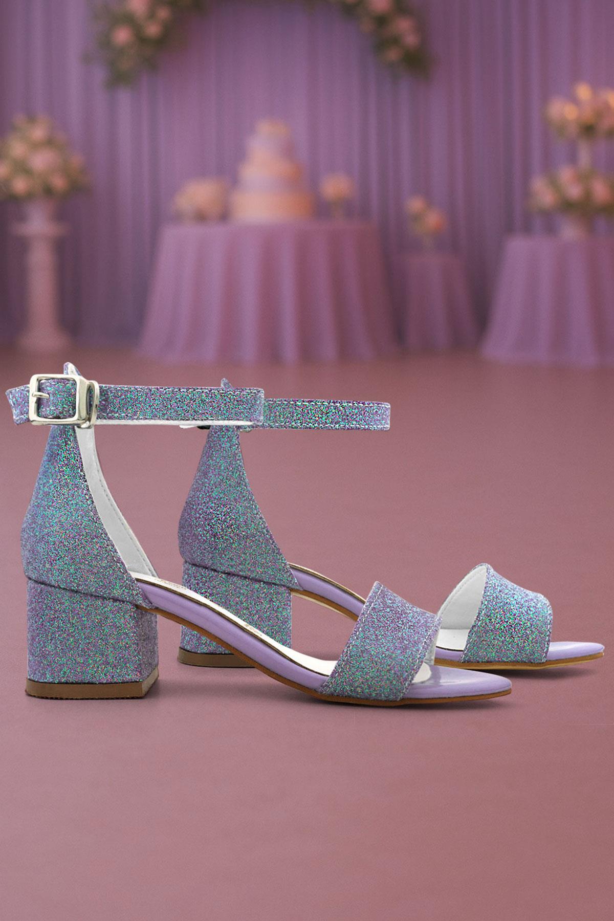 Lilo Simli Mor Tek Bantlı Kız Çocuk Topuklu Abiye Ayakkabı