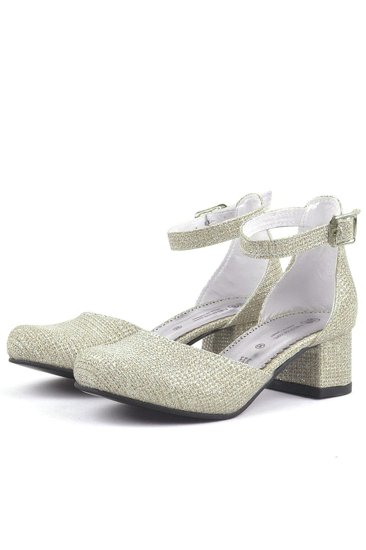 Merida Gold Silvery Thick Heels Girls Heeled Shoes