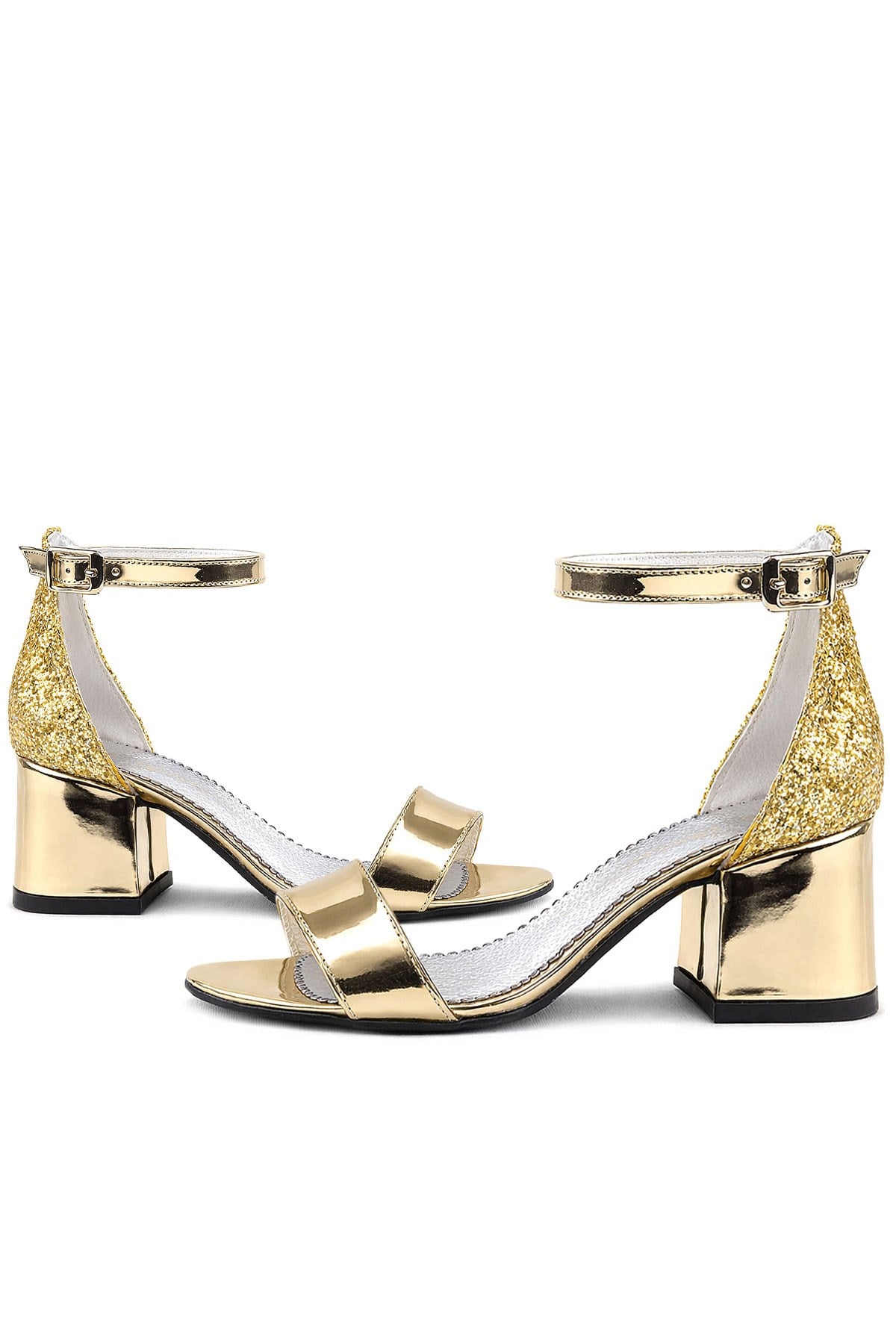 Gold Metallic Mirror Shine Girls Thick Heels Evening Shoes