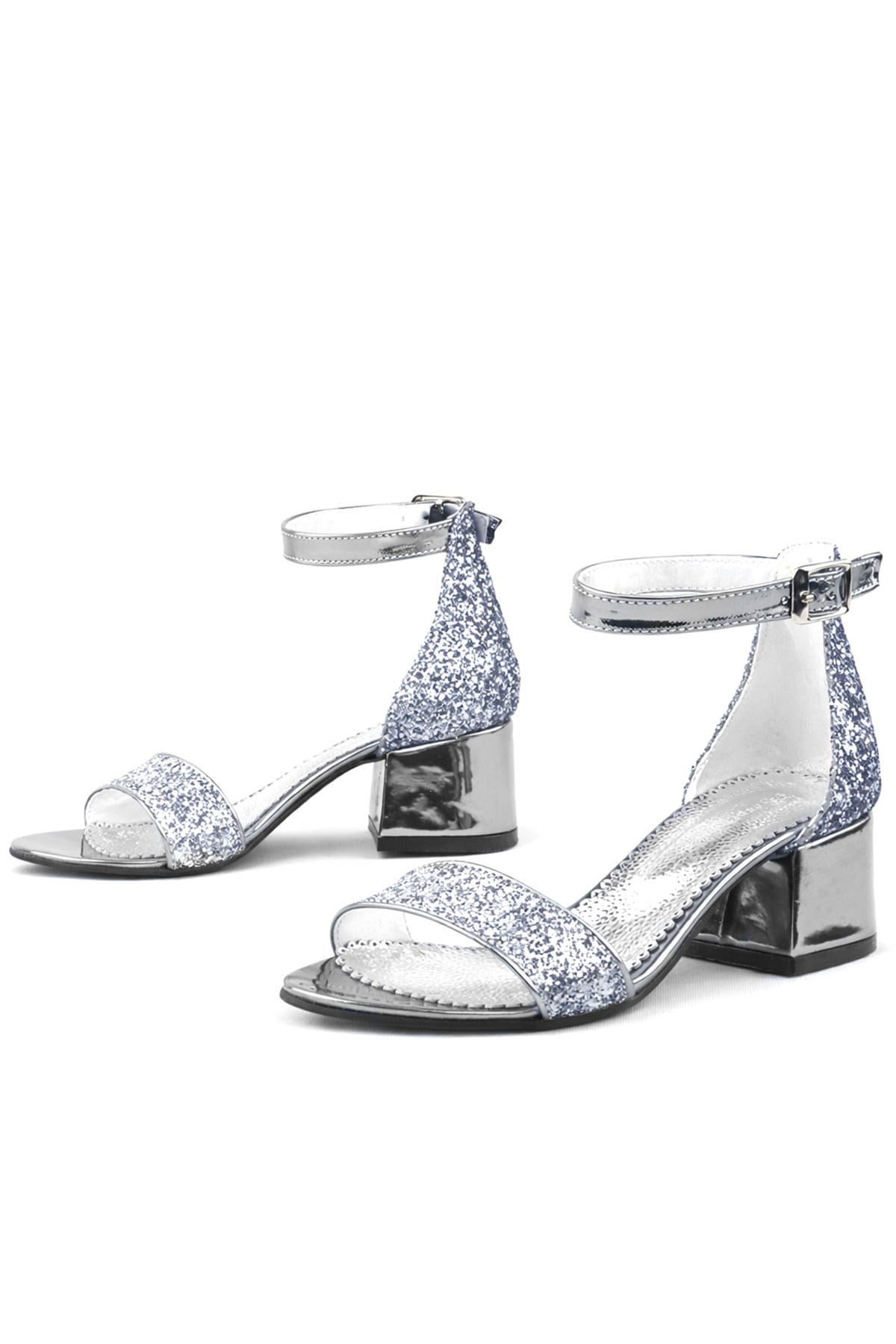 Platinum Sparkle Girls Thick Heels Evening Shoes