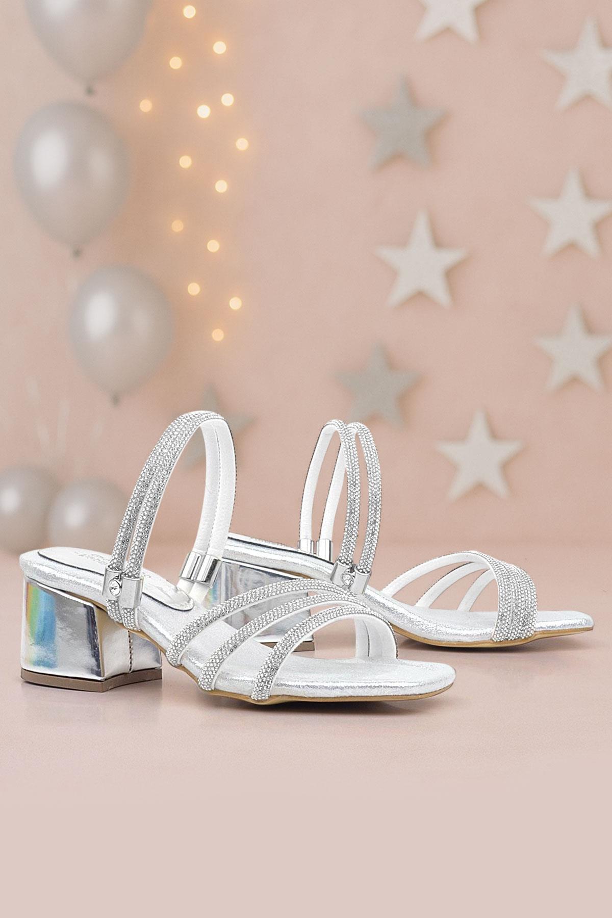 Judy Gümüş Taşlı Kız Çocuk Topuklu Terlik Ayakkabı