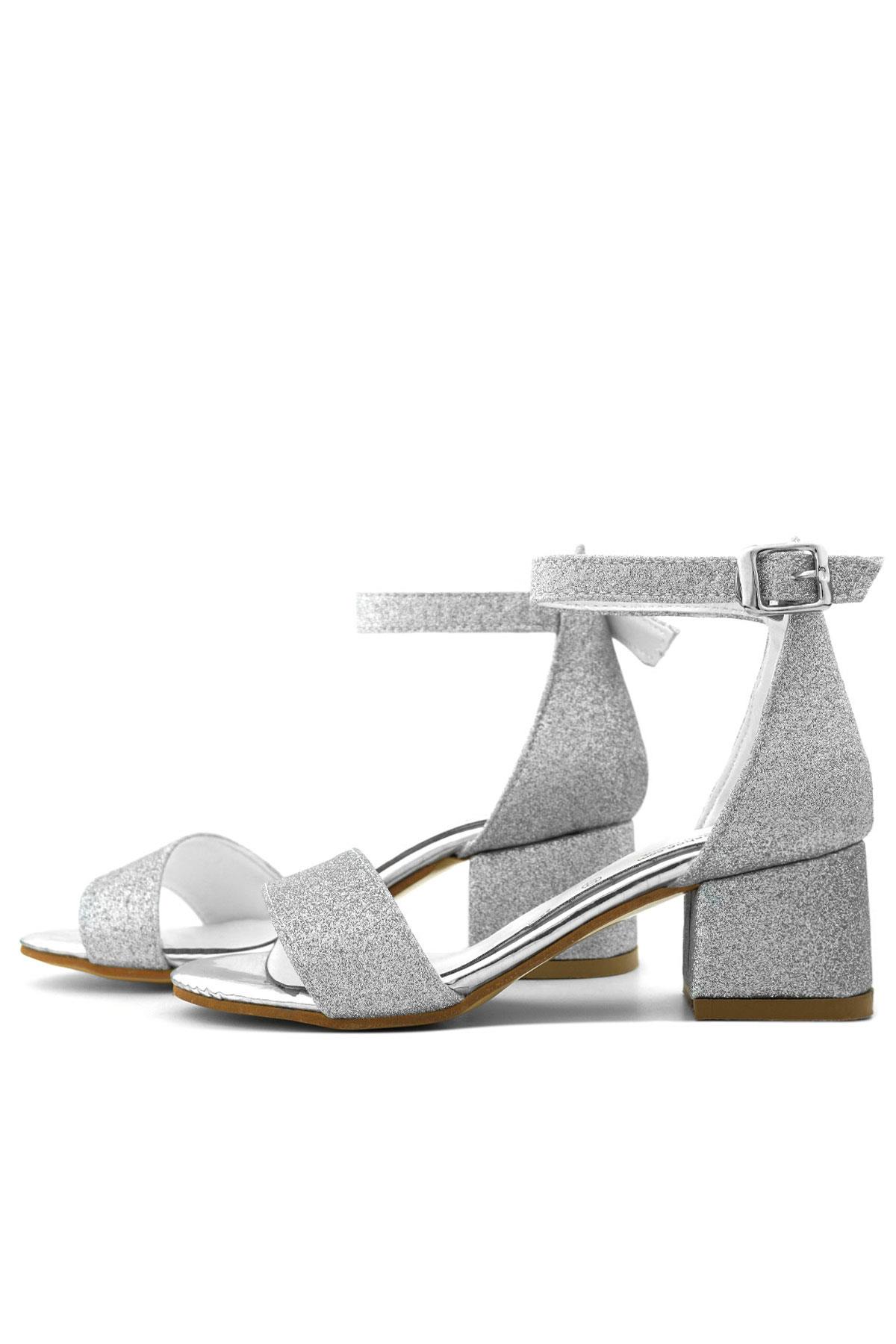 Lilo Simli Gümüş Tek Bantlı Kız Çocuk Topuklu Abiye Ayakkabı