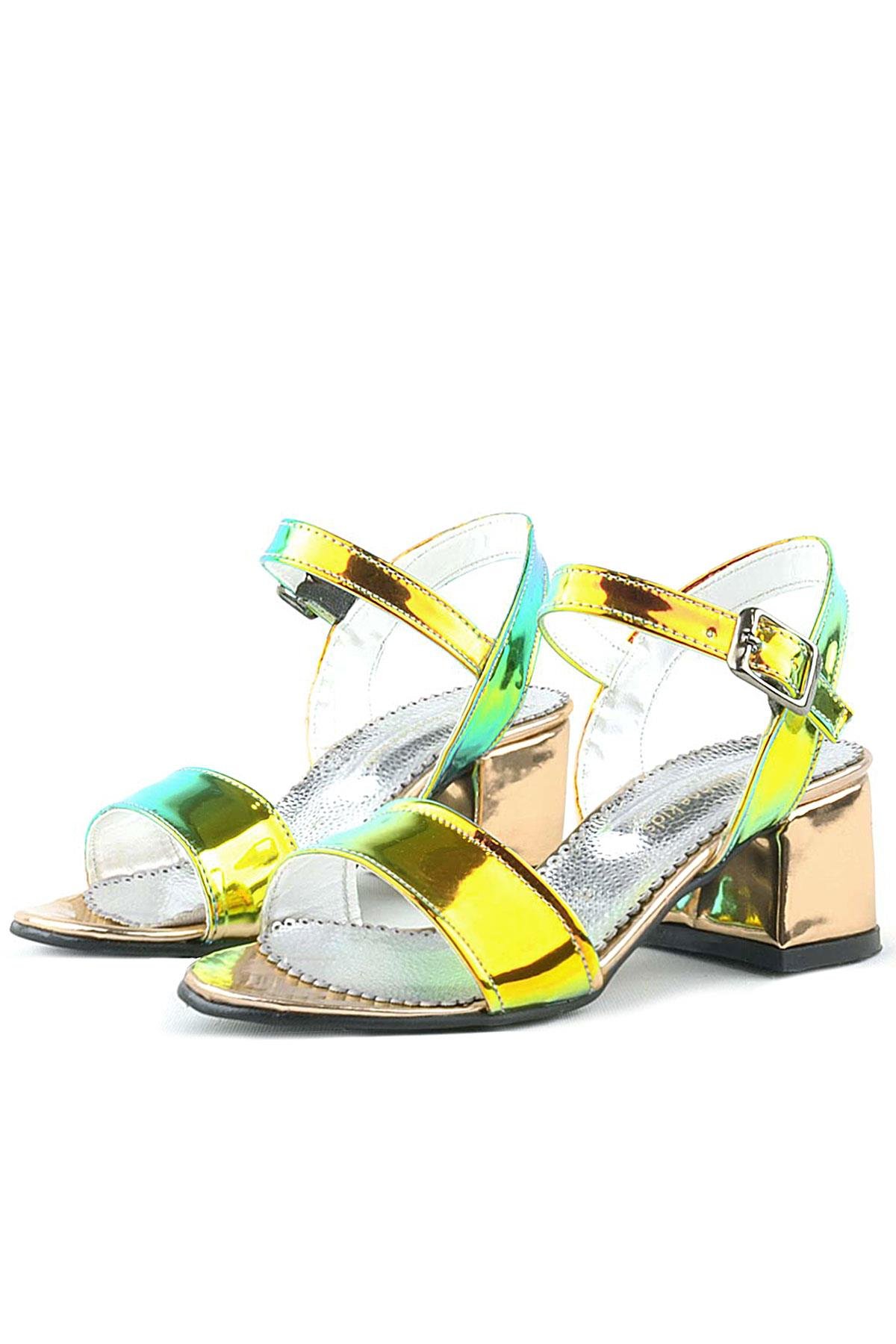 Pony Hologram Bakır-Yeşil Kalın Topuklu Kız Çocuk Abiye Ayakkabı