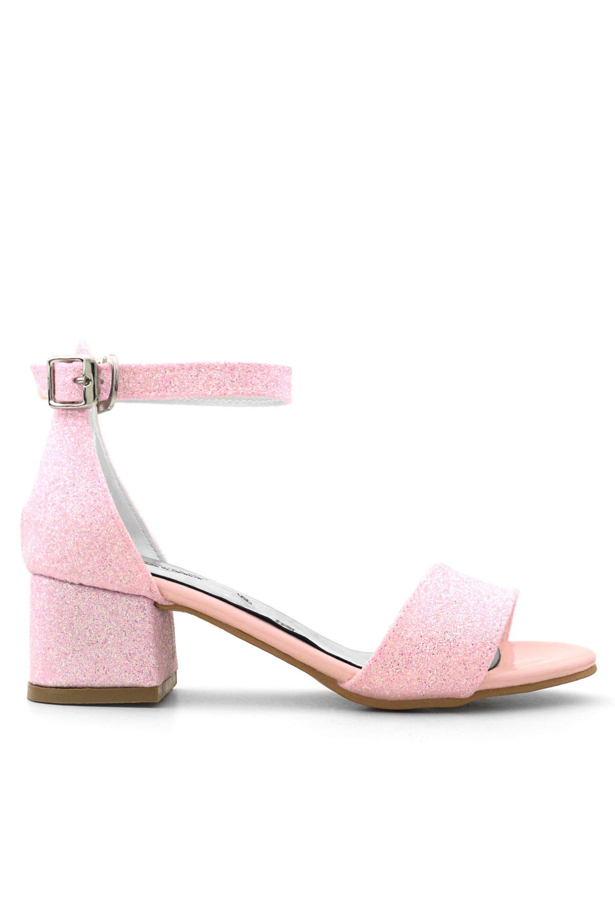 Lilo Simli Pembe Tek Bantlı Kız Çocuk Topuklu Abiye Ayakkabı