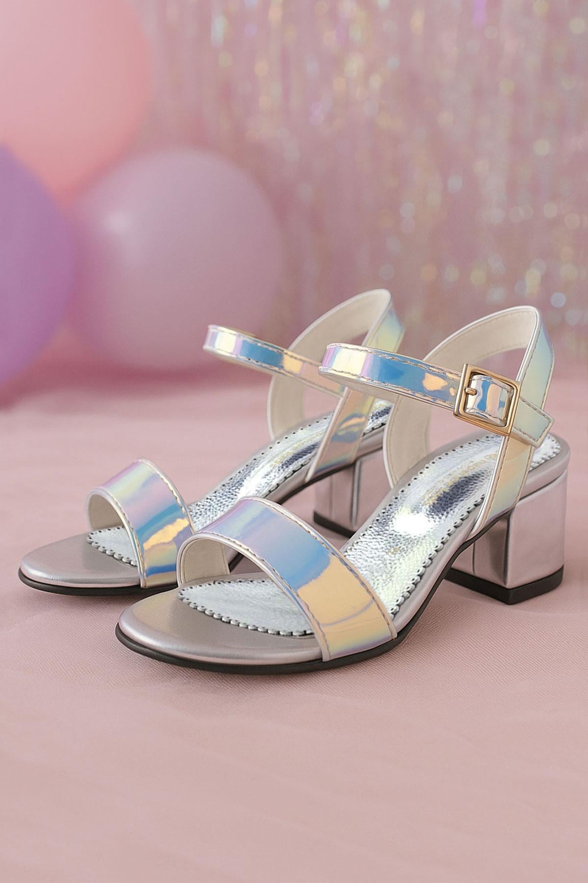 Pony Hologram Silver Pink Thick Heeled Girls Evening Shoes
