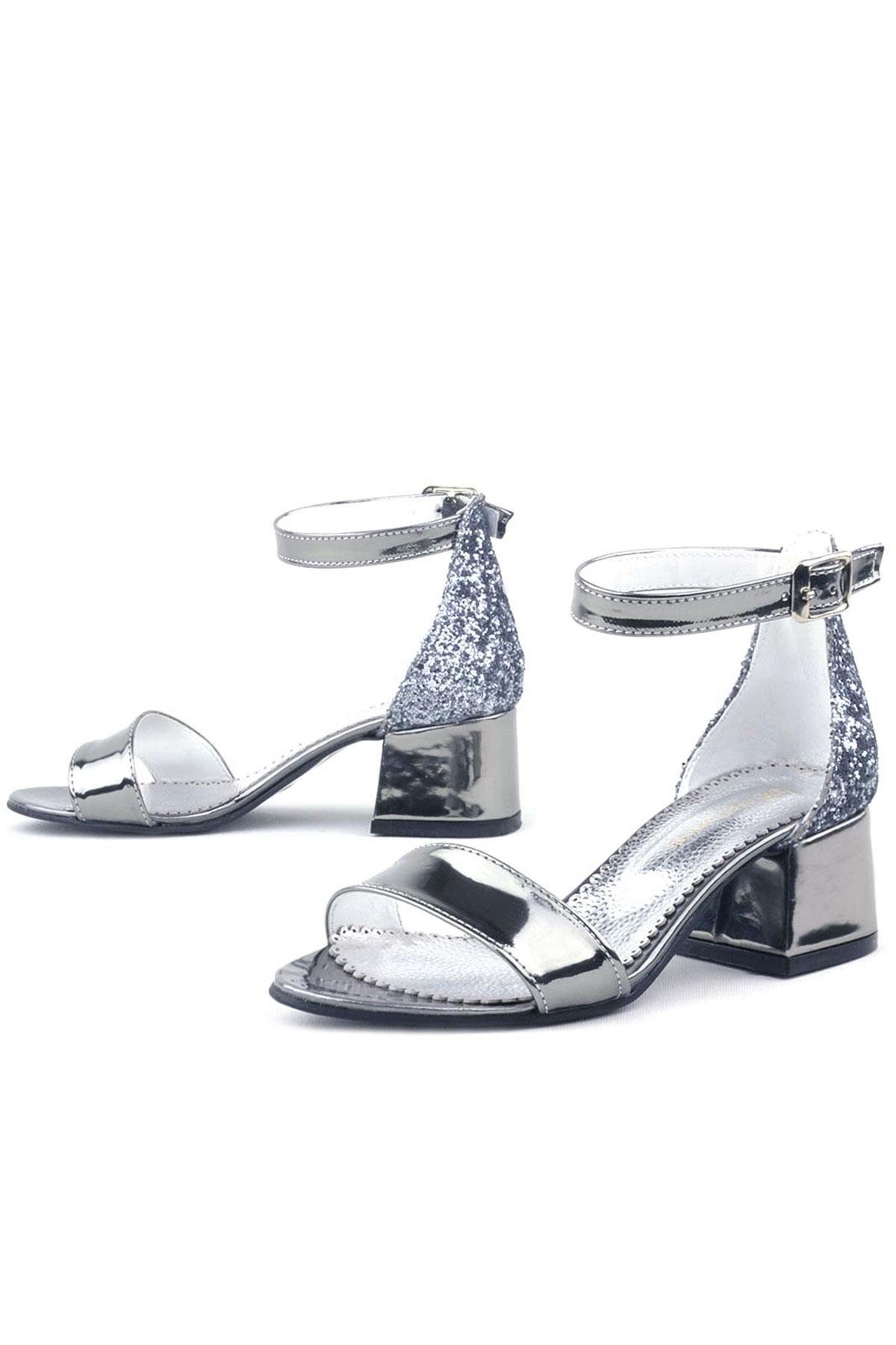Elsa Platin Aynalı Kalın Topuklu Kız Çocuk Abiye Ayakkabı