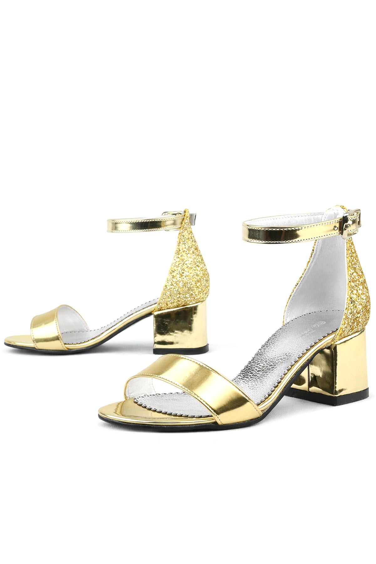 Gold Metallic Mirror Shine Girls Thick Heels Evening Shoes