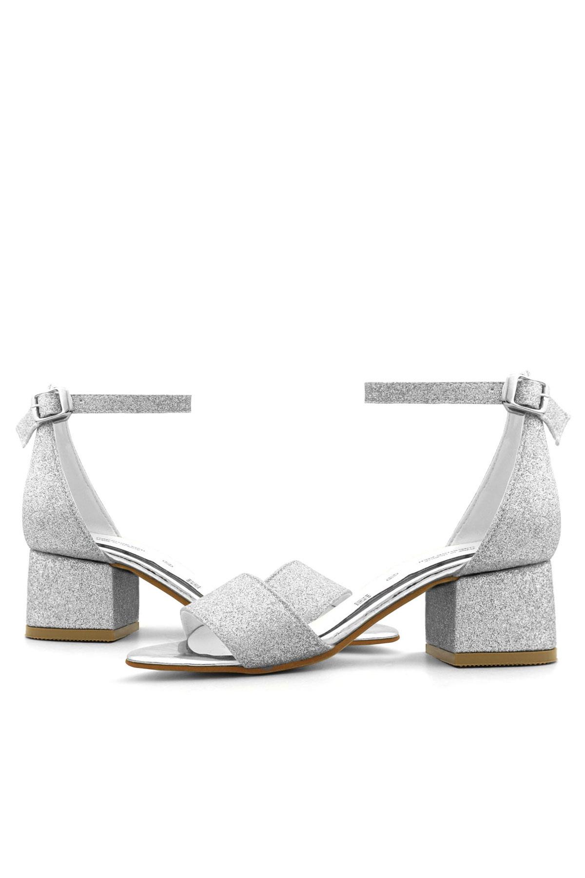 Lilo Simli Gümüş Tek Bantlı Kız Çocuk Topuklu Abiye Ayakkabı