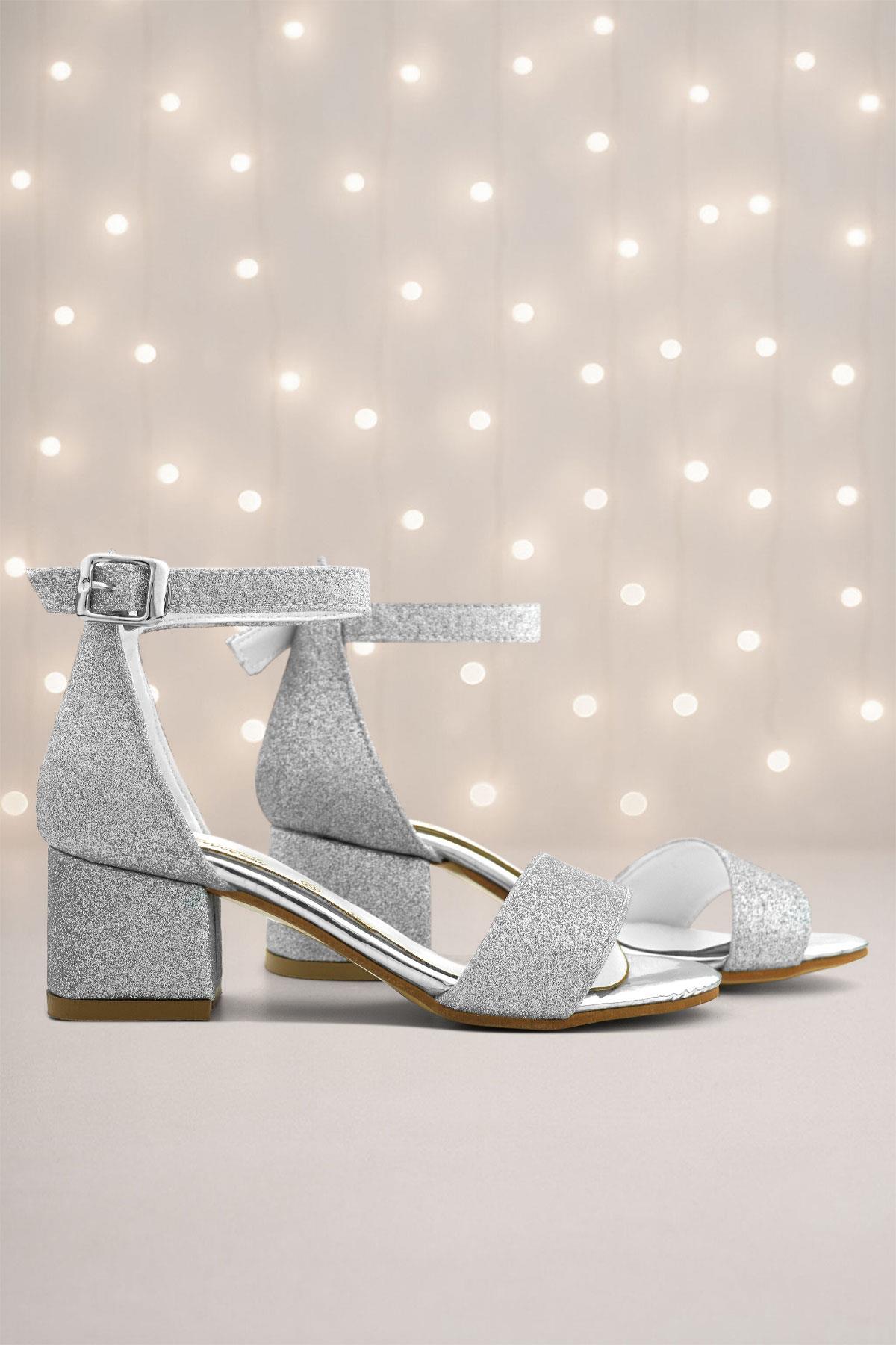 Lilo Simli Gümüş Tek Bantlı Kız Çocuk Topuklu Abiye Ayakkabı