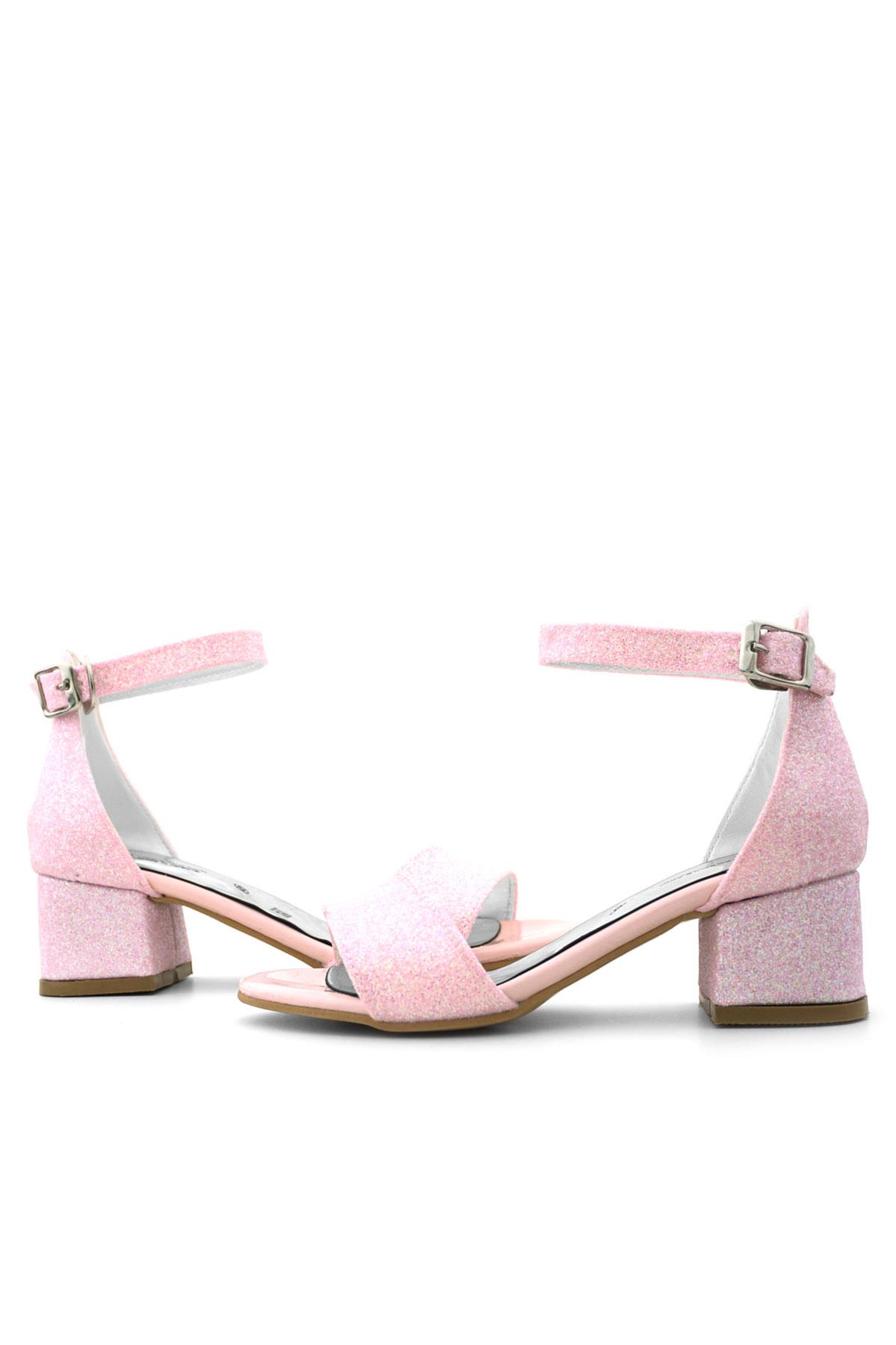 Lilo Simli Pembe Tek Bantlı Kız Çocuk Topuklu Abiye Ayakkabı