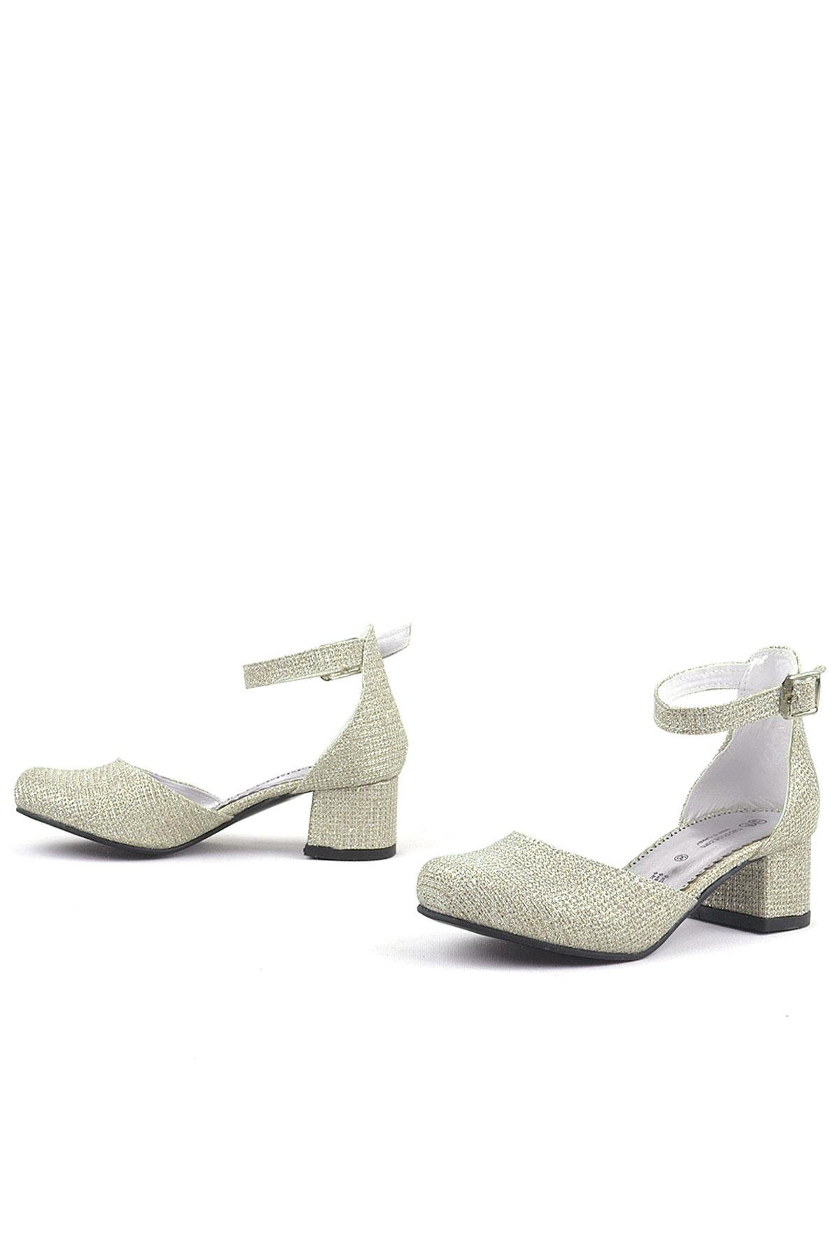 Merida Gold Silvery Thick Heels Girls Heeled Shoes