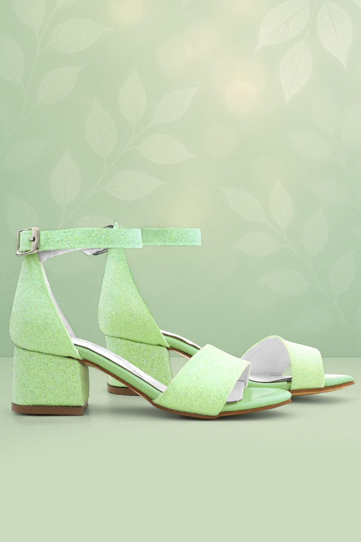 Lilo Simli Yeşil Tek Bantlı Kız Çocuk Topuklu Abiye Ayakkabı