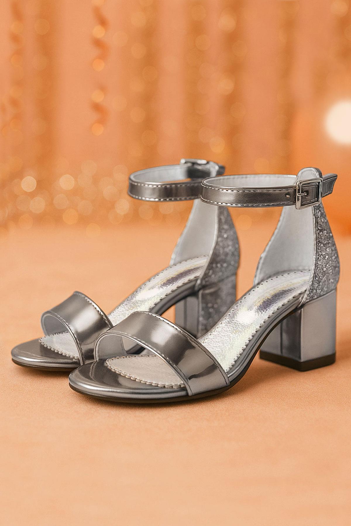 Elsa Platin Aynalı Kalın Topuklu Kız Çocuk Abiye Ayakkabı