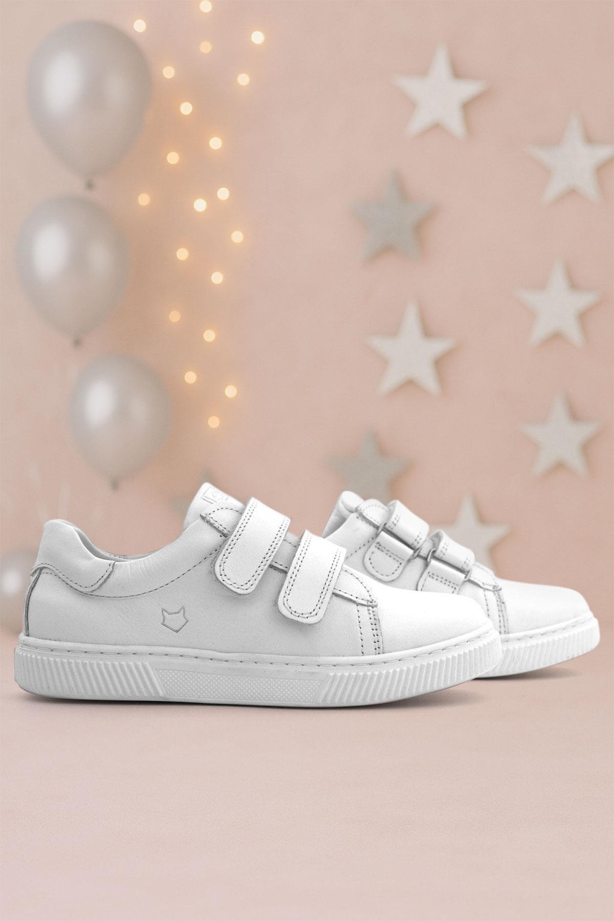 Hakiki Deri Beyaz Cırt Cırtlı Kız Çocuk Sneakers Ayakkabı