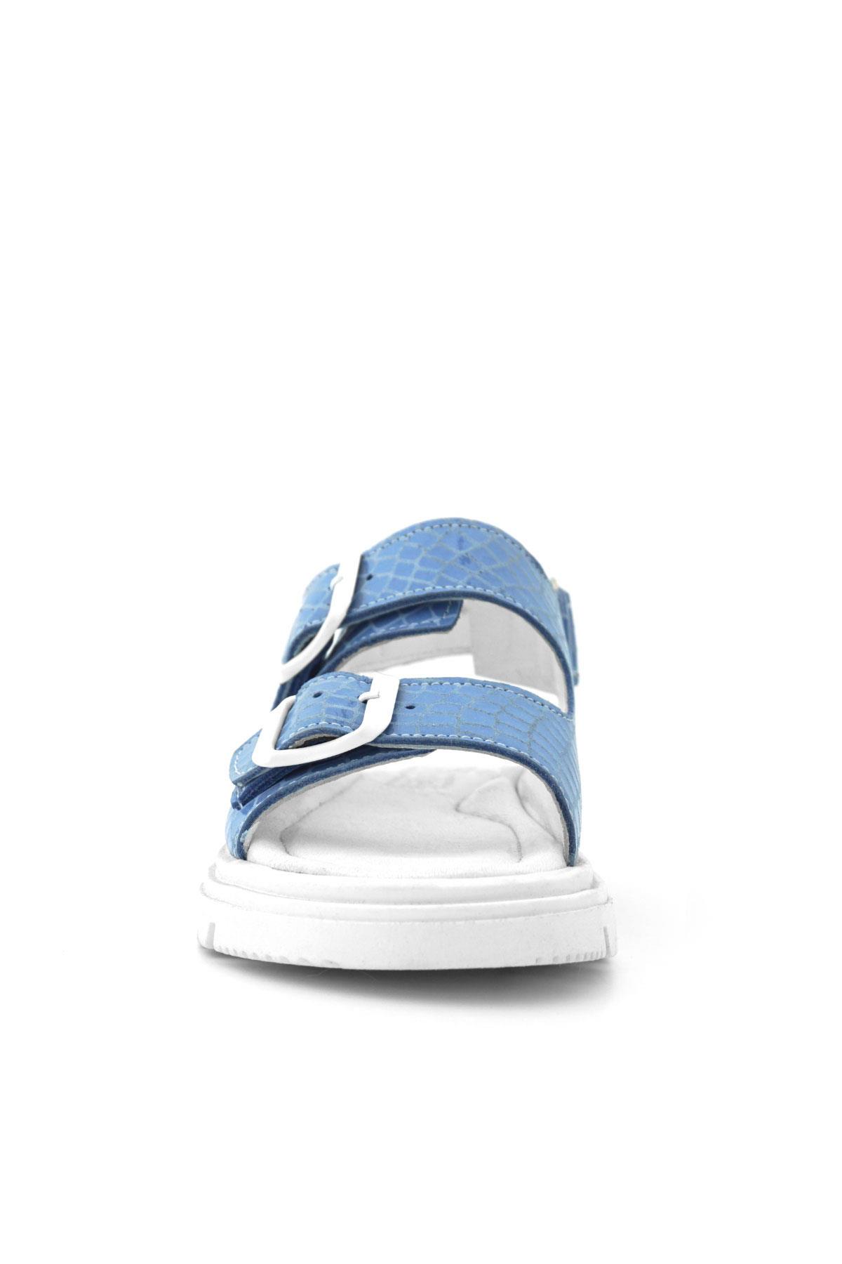 Hakiki Deri Mavi Desenli Tokalı Kız Çocuk Sandalet