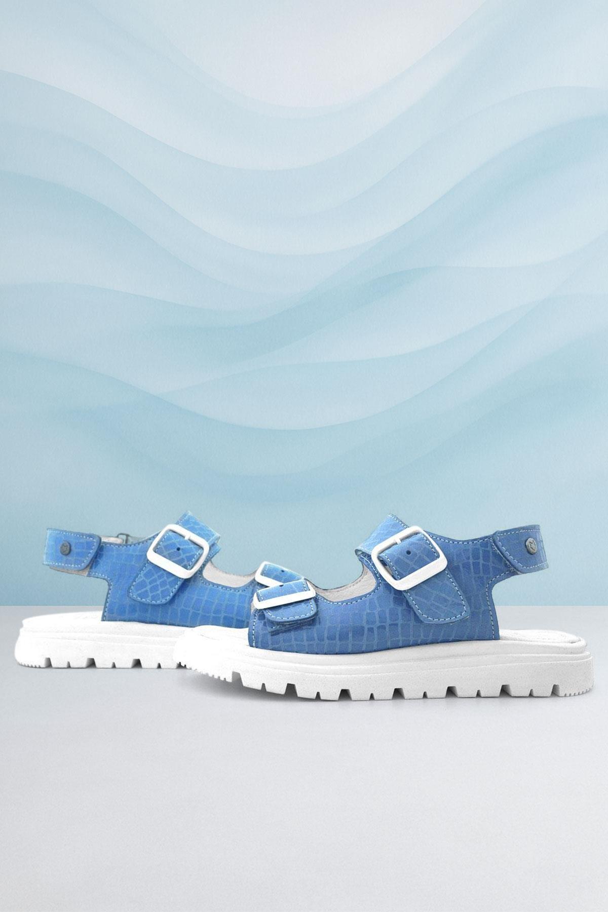 Genuine Leather Blue Patterned Buckled Girls Sandals