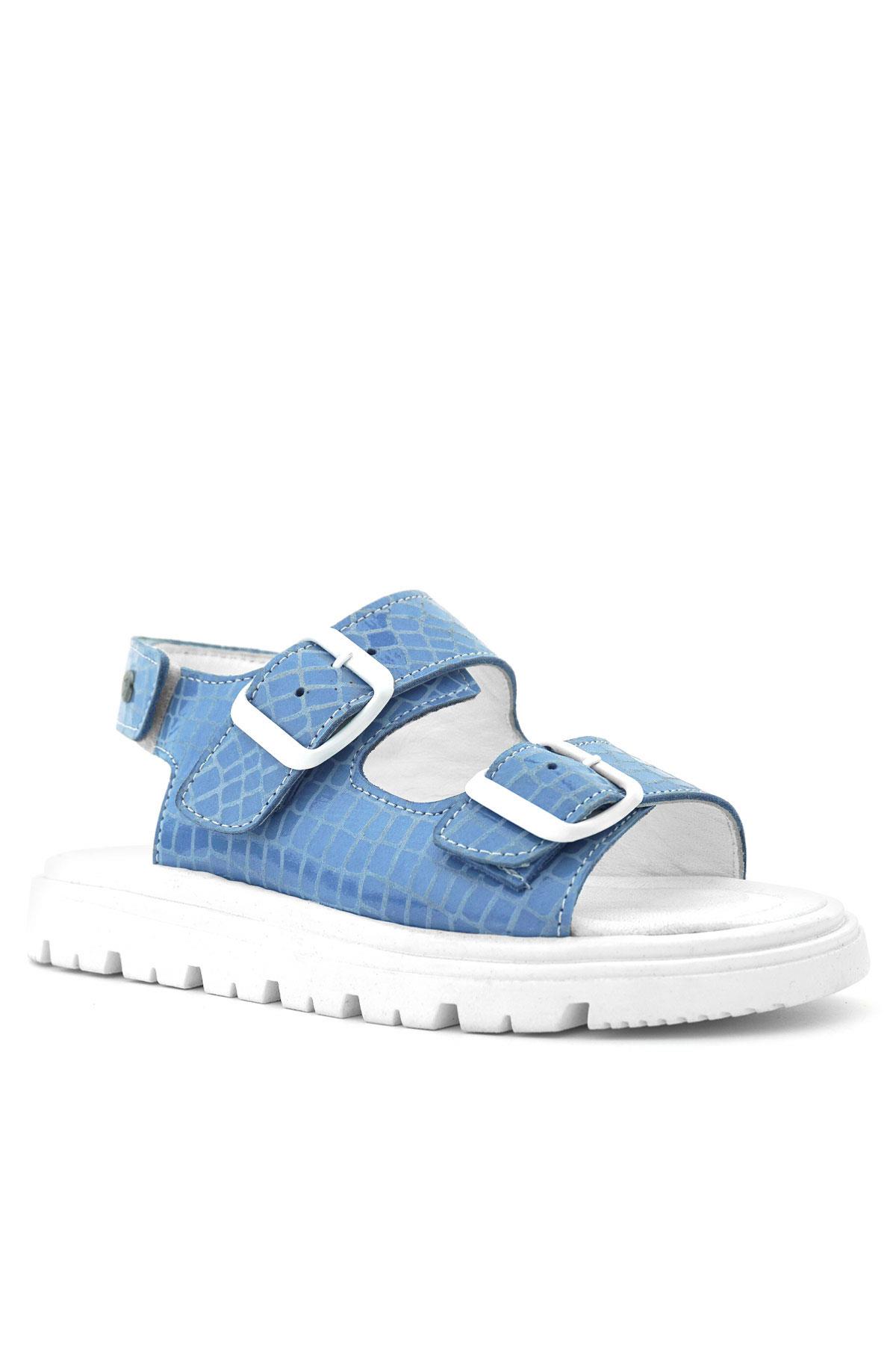Hakiki Deri Mavi Desenli Tokalı Kız Çocuk Sandalet