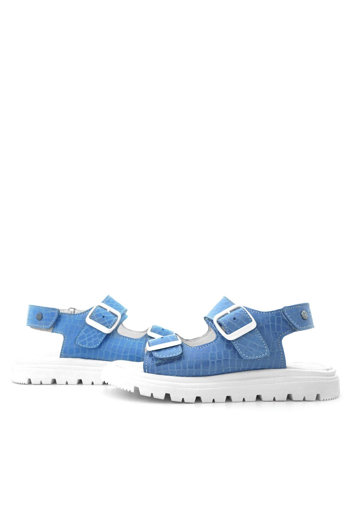 Hakiki Deri Mavi Desenli Tokalı Kız Çocuk Sandalet