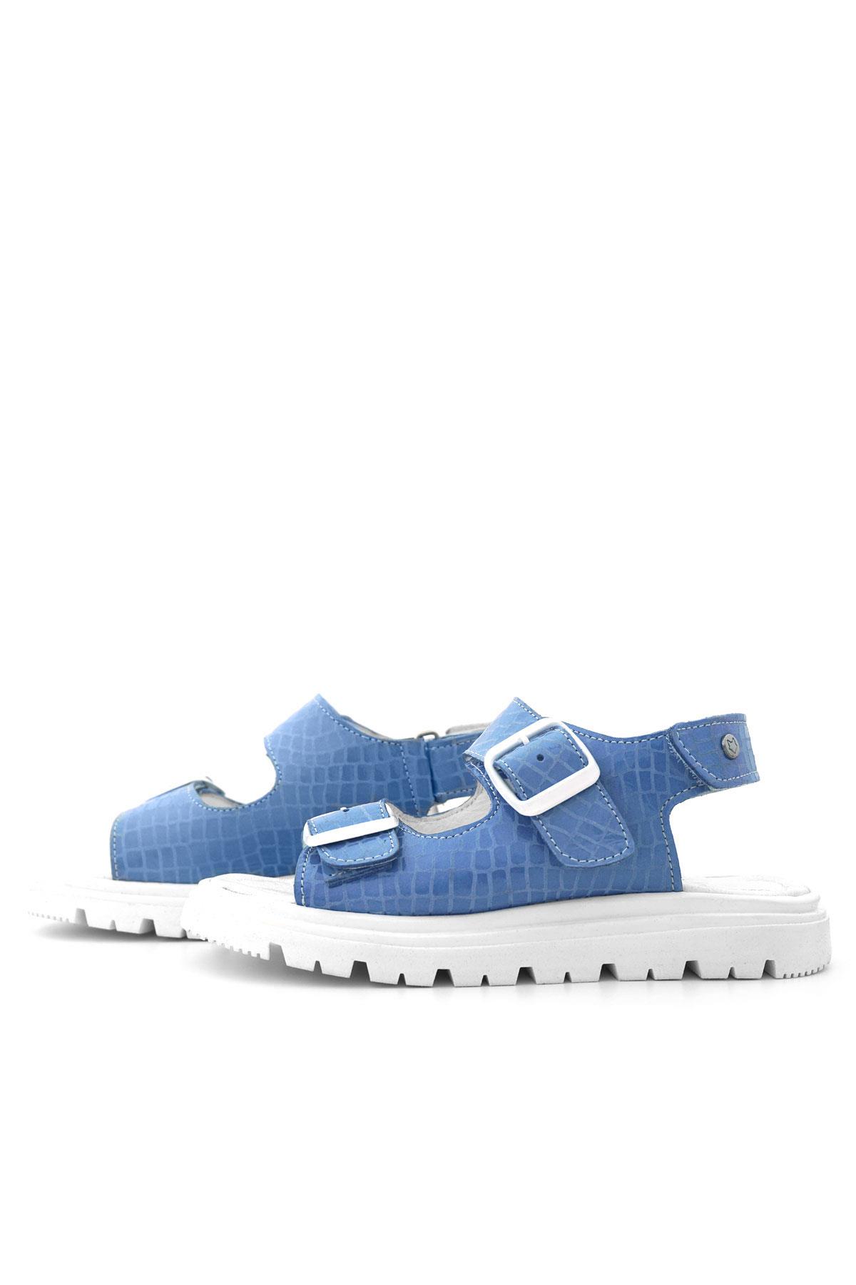 Hakiki Deri Mavi Desenli Tokalı Kız Çocuk Sandalet
