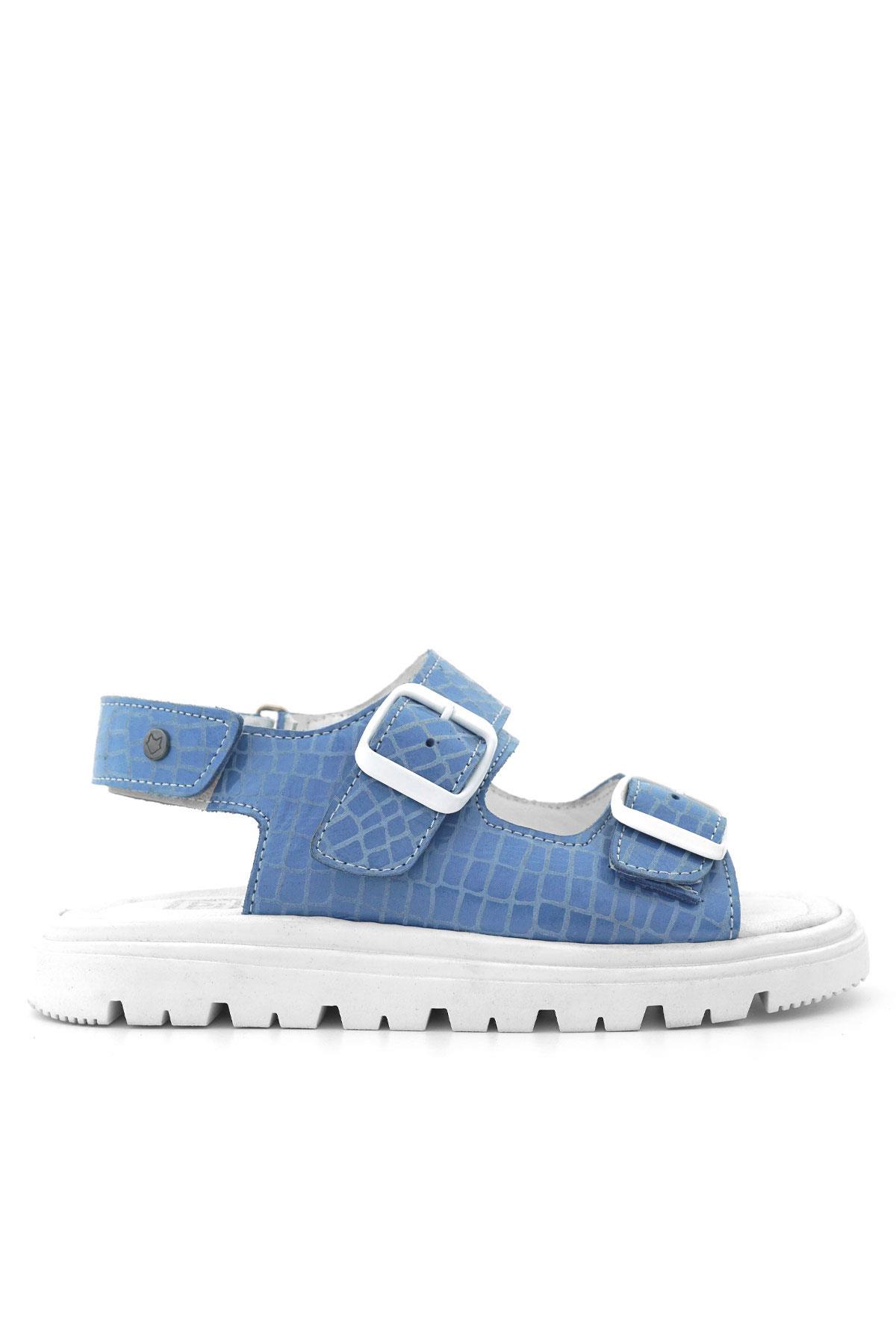 Hakiki Deri Mavi Desenli Tokalı Kız Çocuk Sandalet