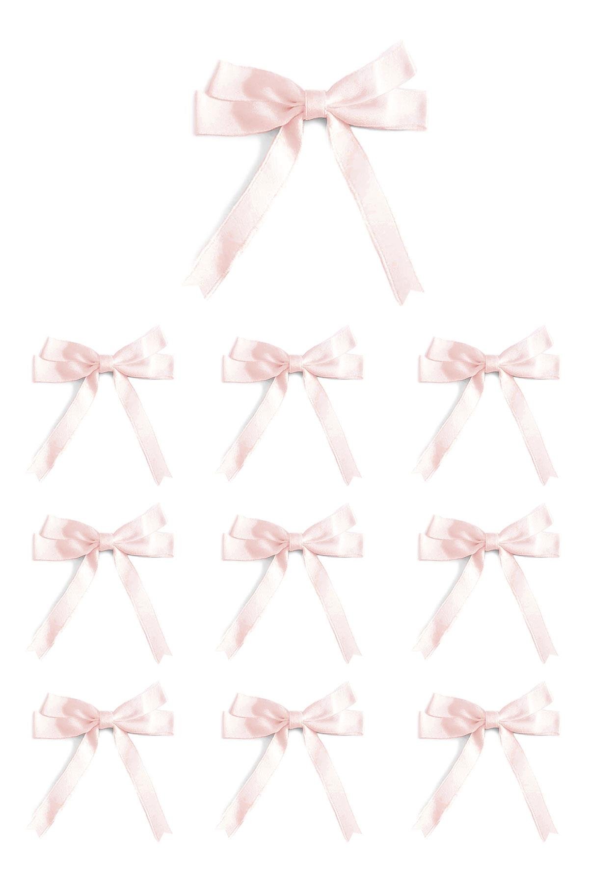 10 Adet Pudra Pembe Saten Fiyonk Süsleme Küçük Kurdele Seti