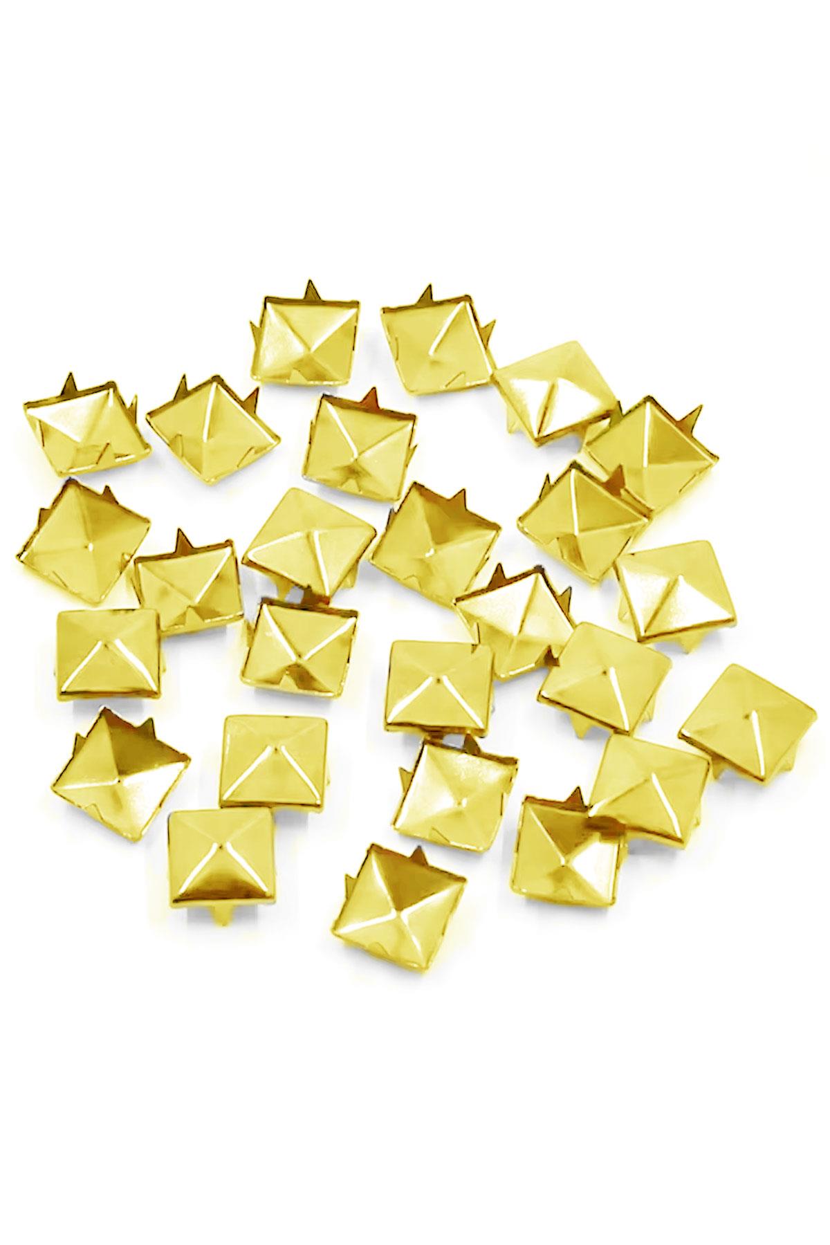 Süs Tırnaklı Altın Renk Çakma Kare Piramit 7 mm 20 Adet Metal Trok