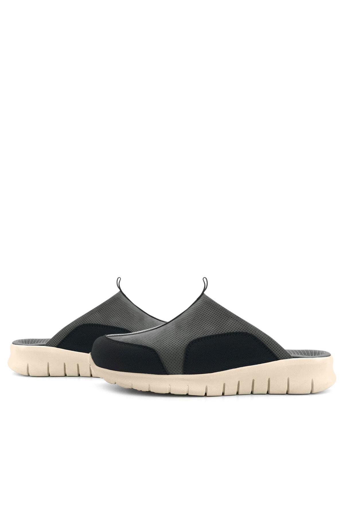 Heep Medikal Hakiki Deri Gri Siyah Krem Tabanlı Comfort Spor Terlik BT52-GRSKR.40