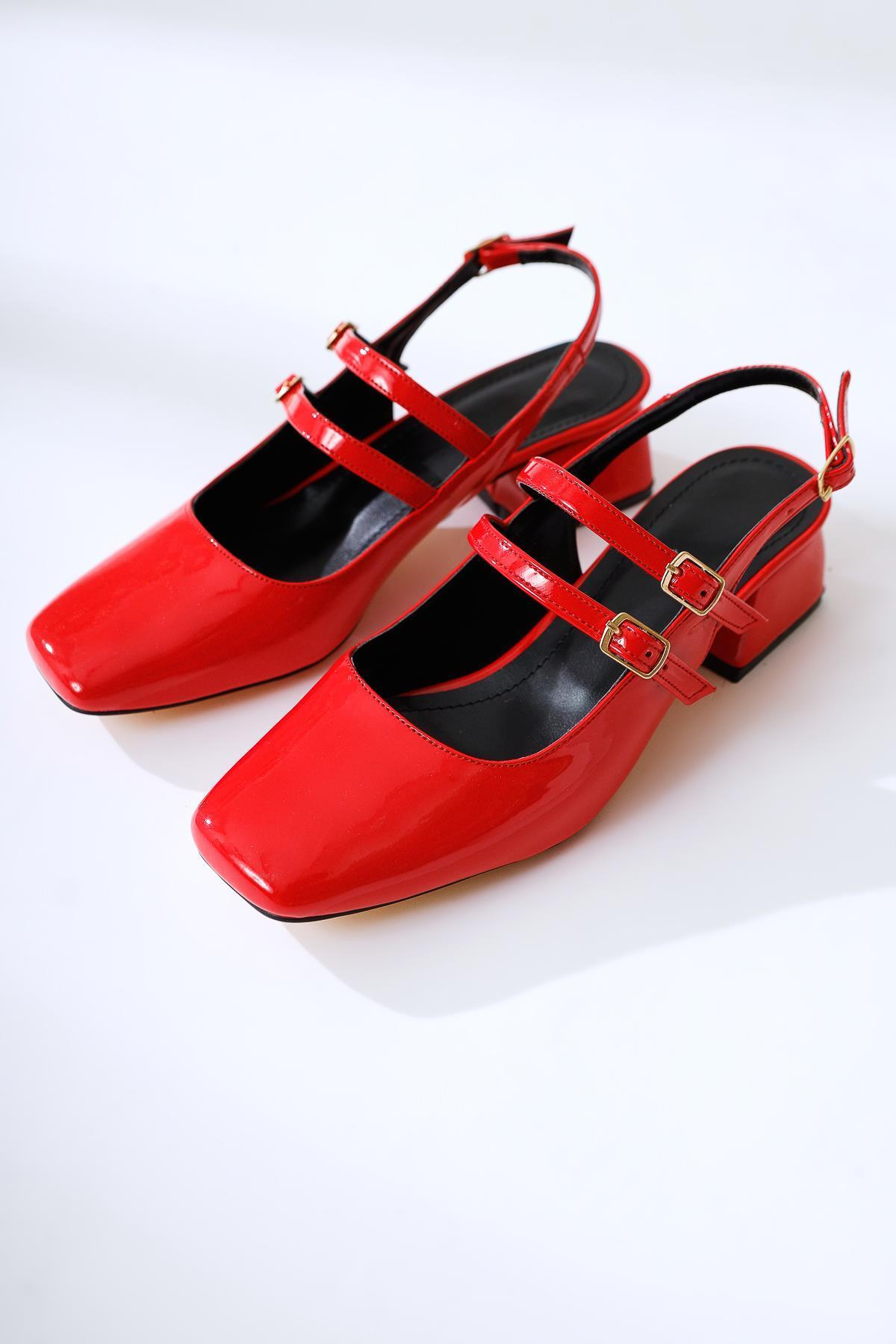 Lesia Kırmızı Ruga Çift Bantlı Kısa Topuklu Günlük Ayakkabı