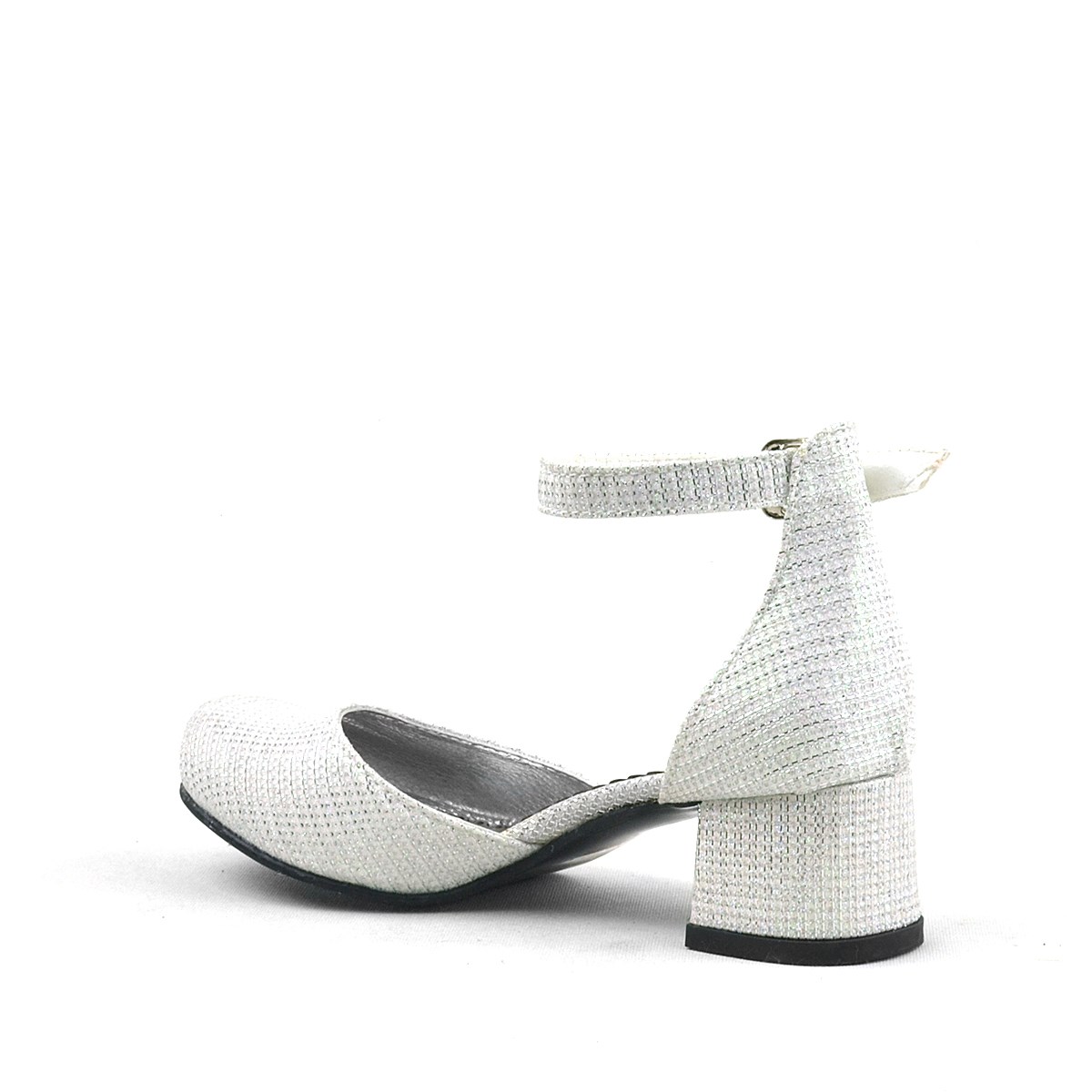 Merida Kırık Beyaz Simli Kalın Topuklu Kız Çocuk Topuklu Ayakkabı