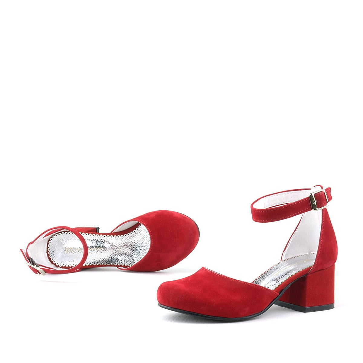 Sarıkaya Red Suede Shoes Thick Heels Party Heels Girls
